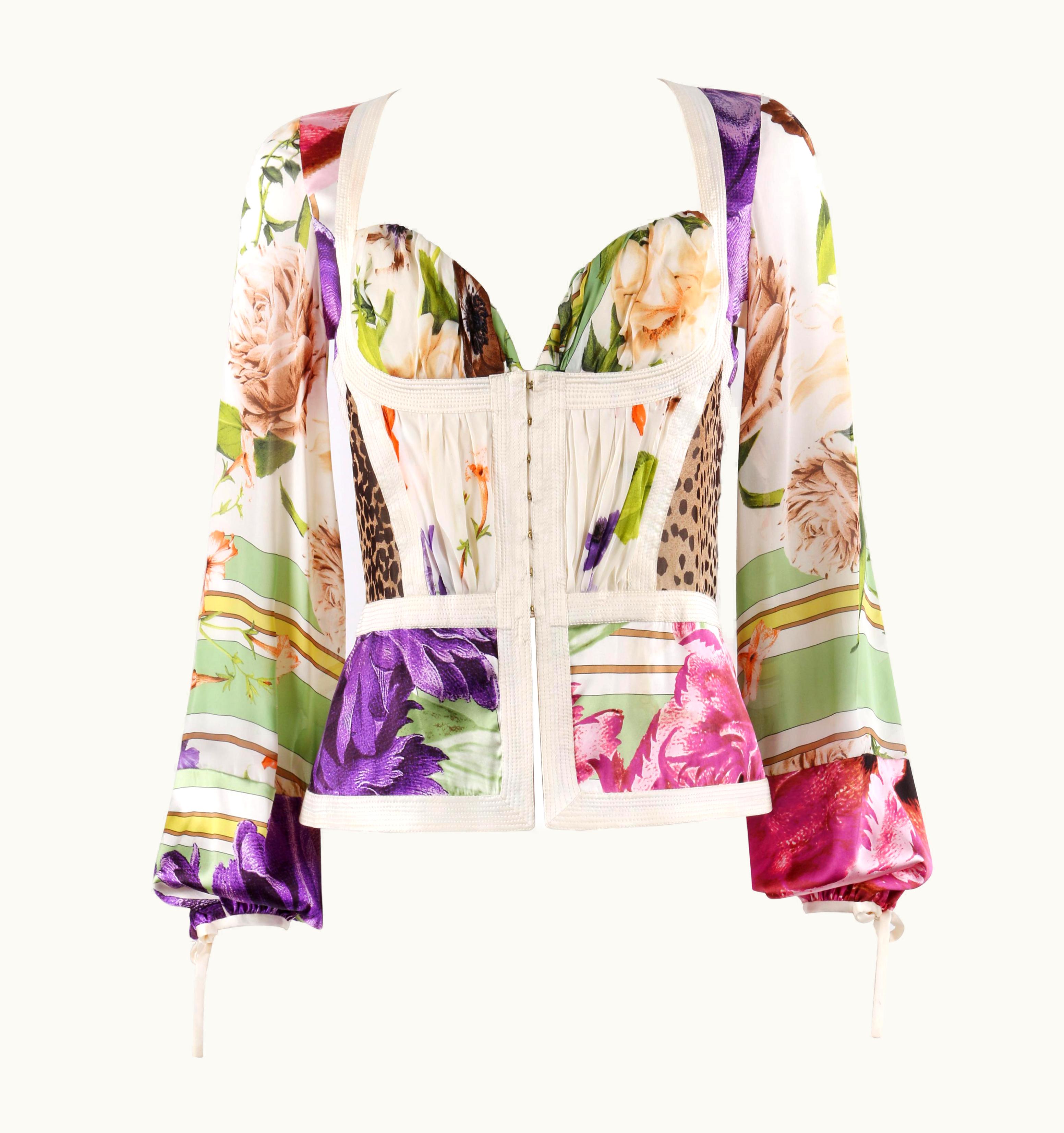 Roberto Cavalli Roberto Cavalli C.2005 Carnation Flower Leopard Silk Sweetheart Bustier Blouse