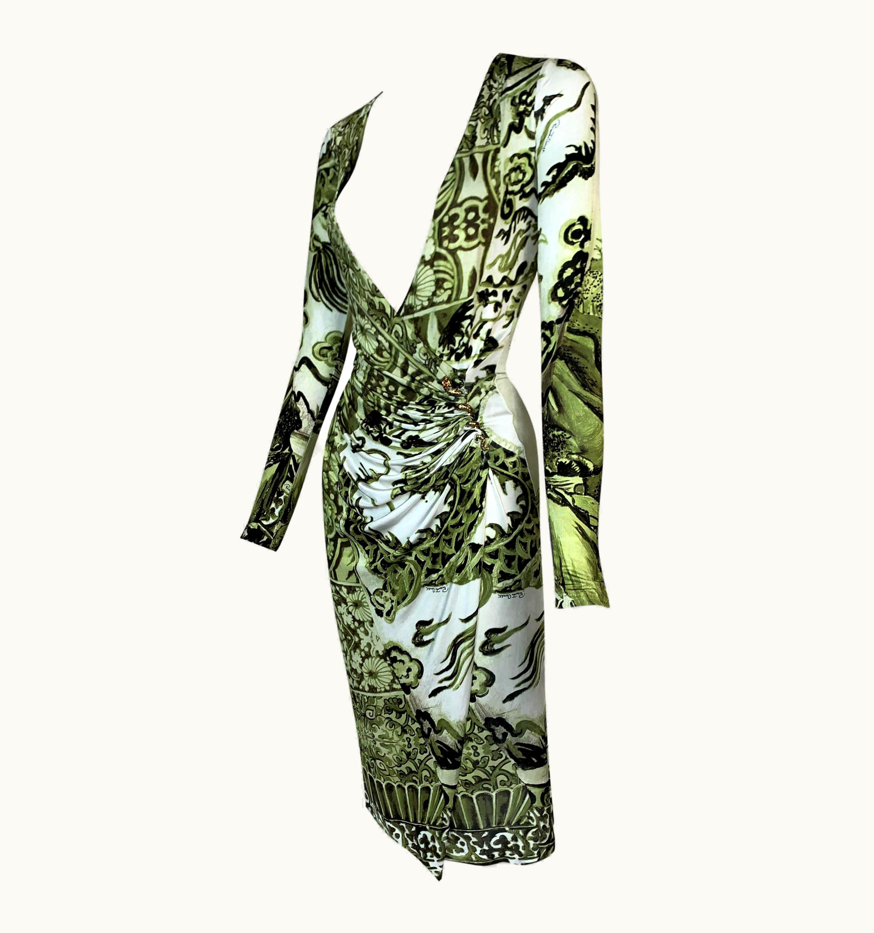 Roberto Cavalli AW 2005 Roberto Cavalli Chinoiserie Dragon Plunging Green High Slit Dress