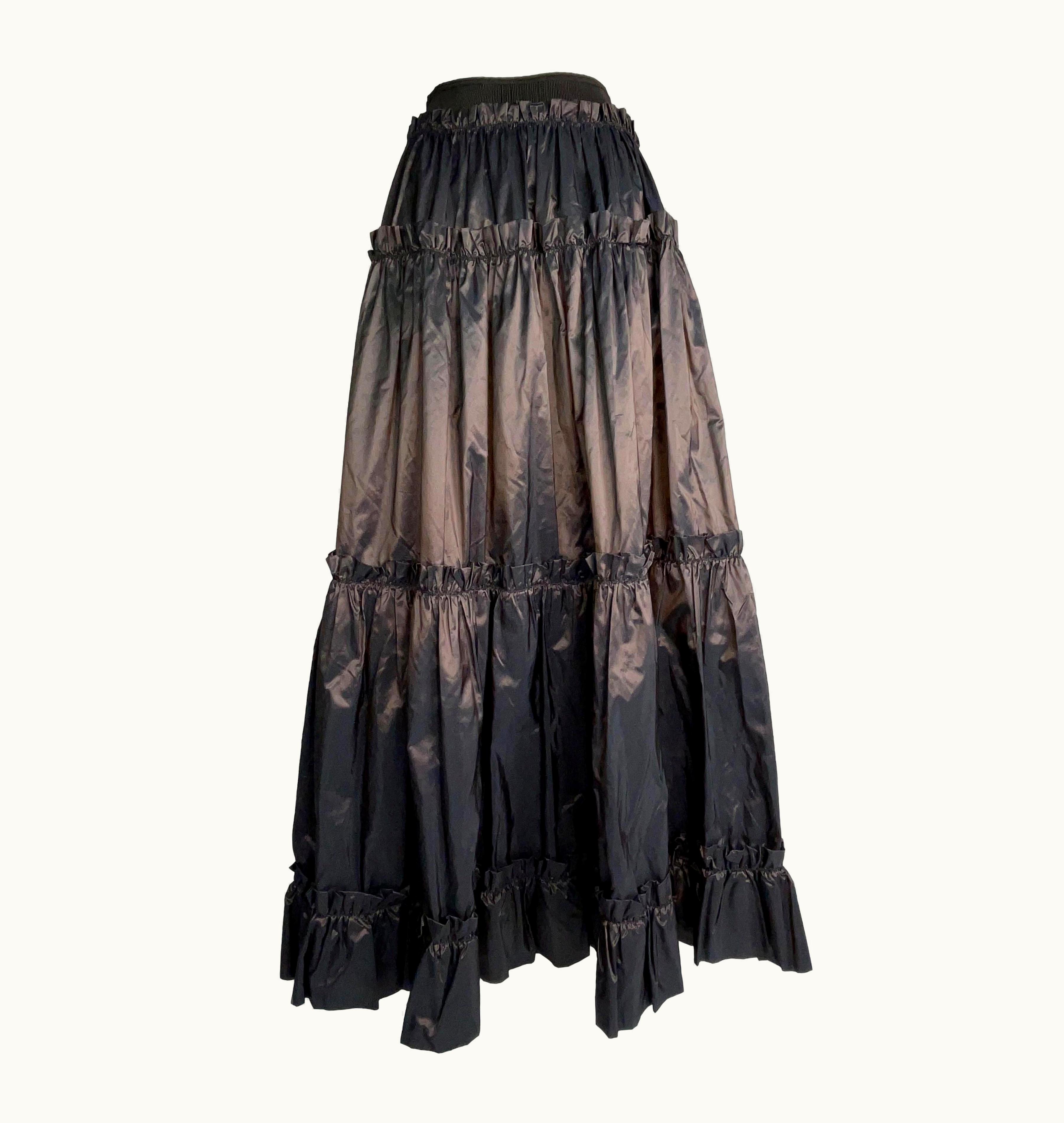Roberto Cavalli S/S 2005 Roberto Cavalli Long Brown Silk Satin Gypsy Ruffle Maxi Skirt