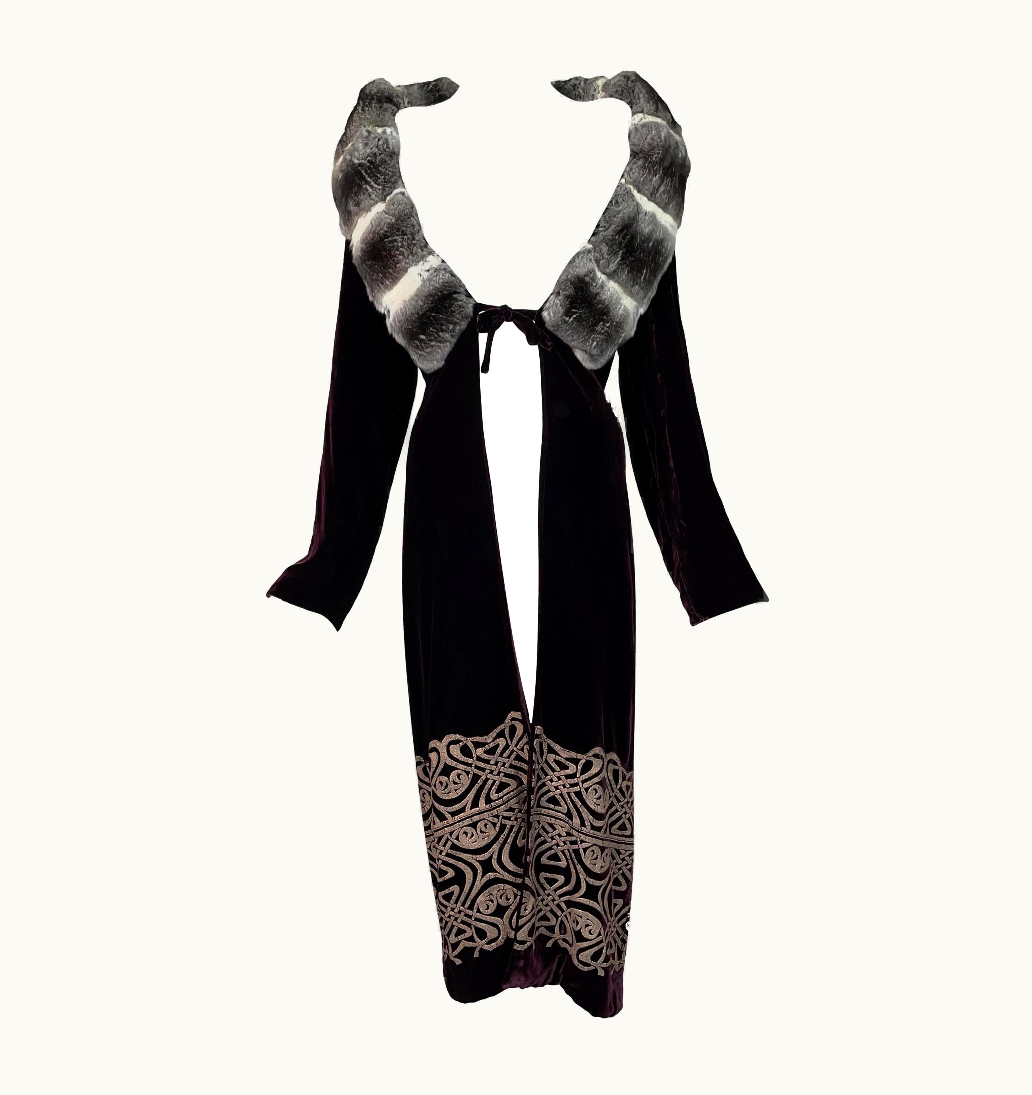 Roberto Cavalli AW 2006 Roberto Cavalli Burgundy Velvet Celtic Chinchilla Fur Coat Dress