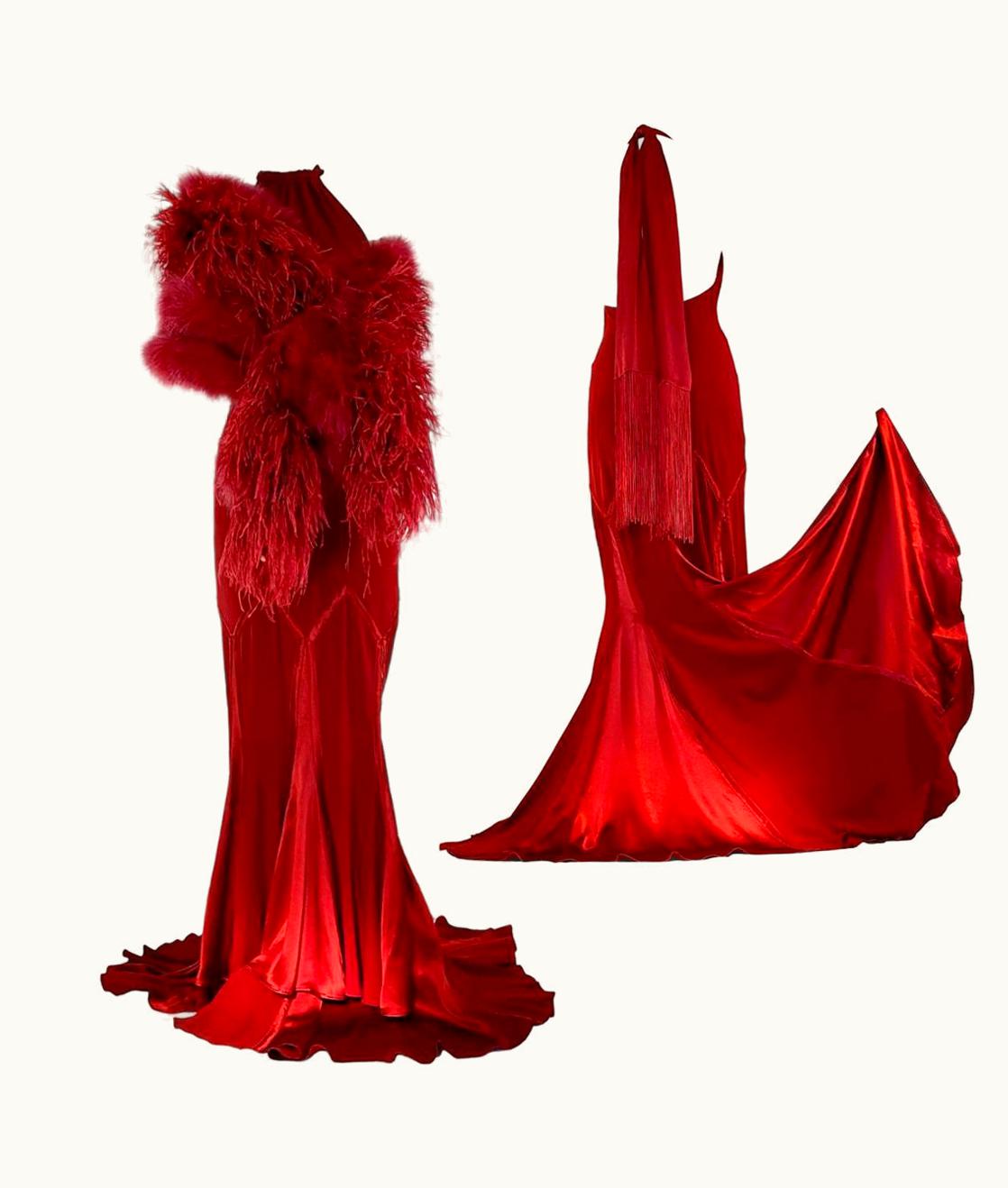 Roberto Cavalli Roberto Cavalli Scarlet Evening Gown Dress With Feather Stole AW 2006 Size