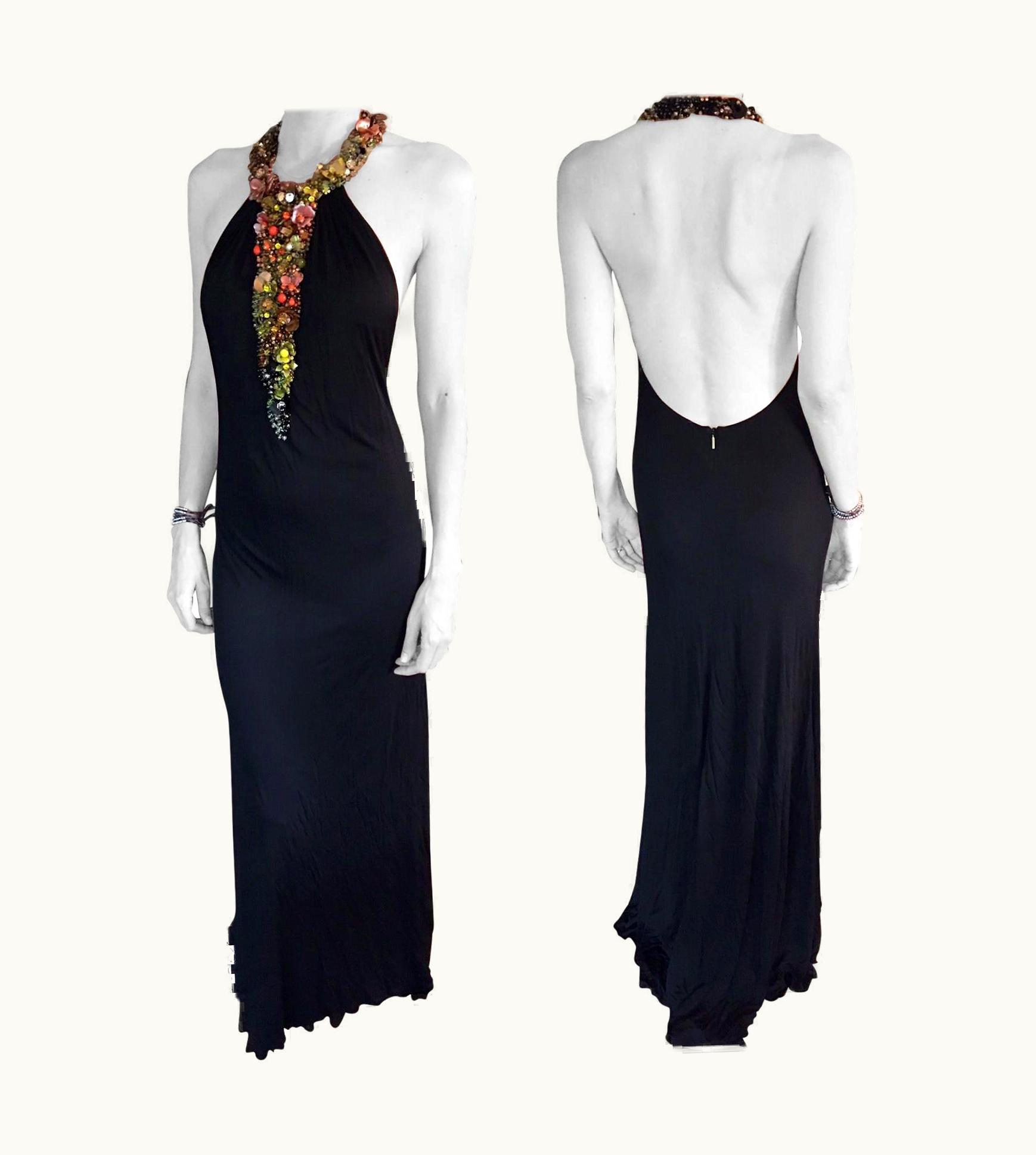 Roberto Cavalli Roberto Cavalli S/S 2007 Runway Embellished Open Back Black Evening Dress Gown