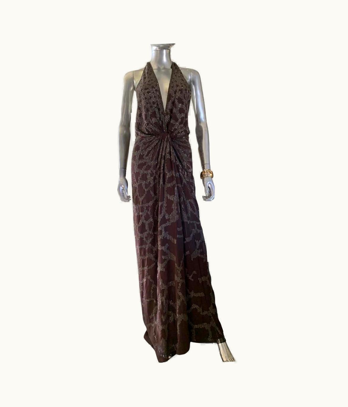 Roberto Cavalli Roberto Cavalli 2008 Sexy Brown And Pewter Hand-Beaded Gown Italy, Nwt