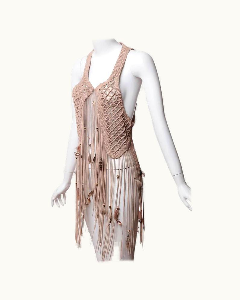 Roberto Cavalli Roberto Cavalli S/S 2011 Leather Macrame Feather Beads Fringe Vest