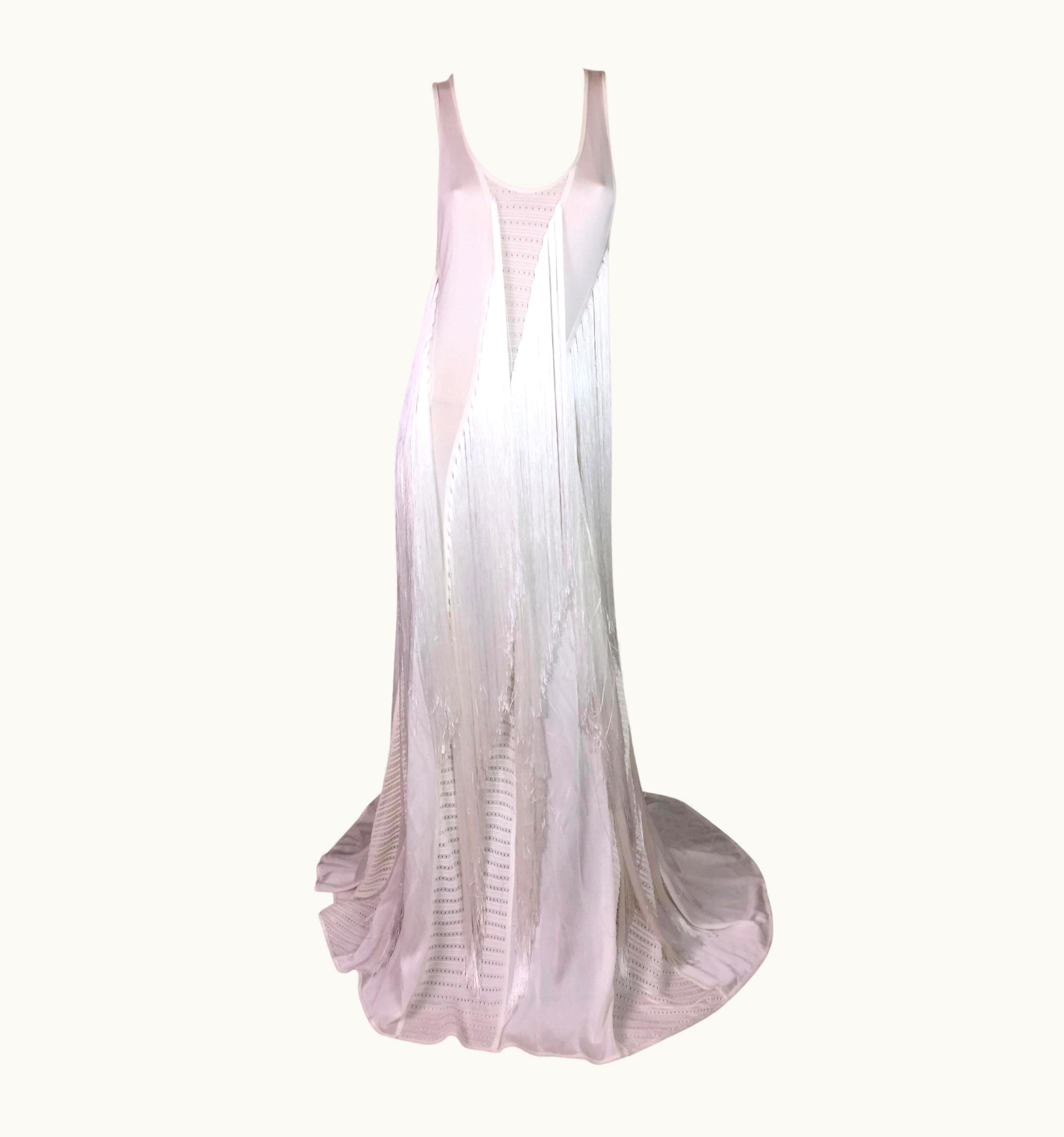 Roberto Cavalli AW 2015 Roberto Cavalli Runway Sheer Ivory Cut-Out Fringe Gown Maxi Dress