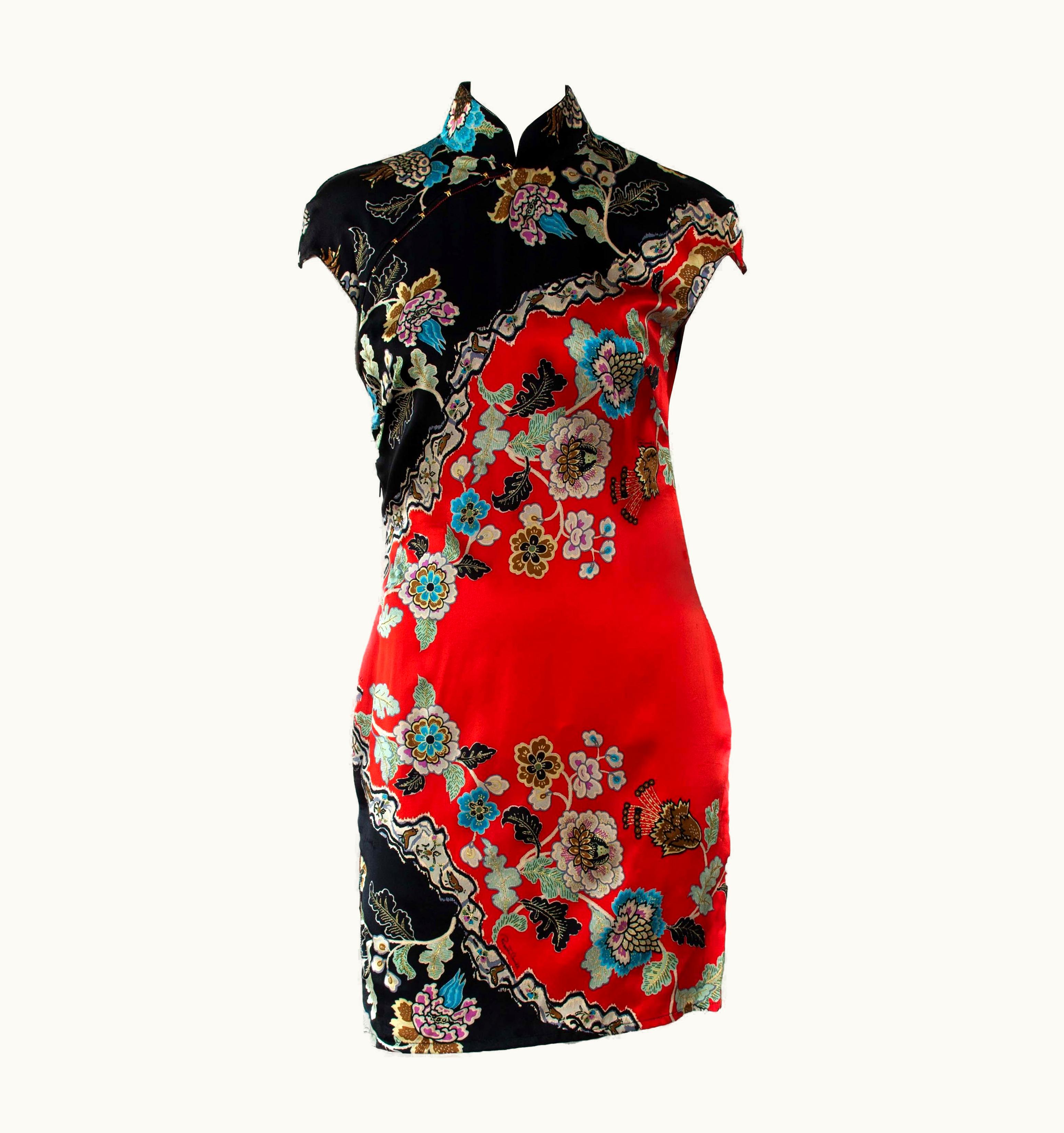 Roberto Cavalli S/S 2003 Roberto Cavalli Chinoiserie Asian Print Mini Cheongsam Runway Dress
