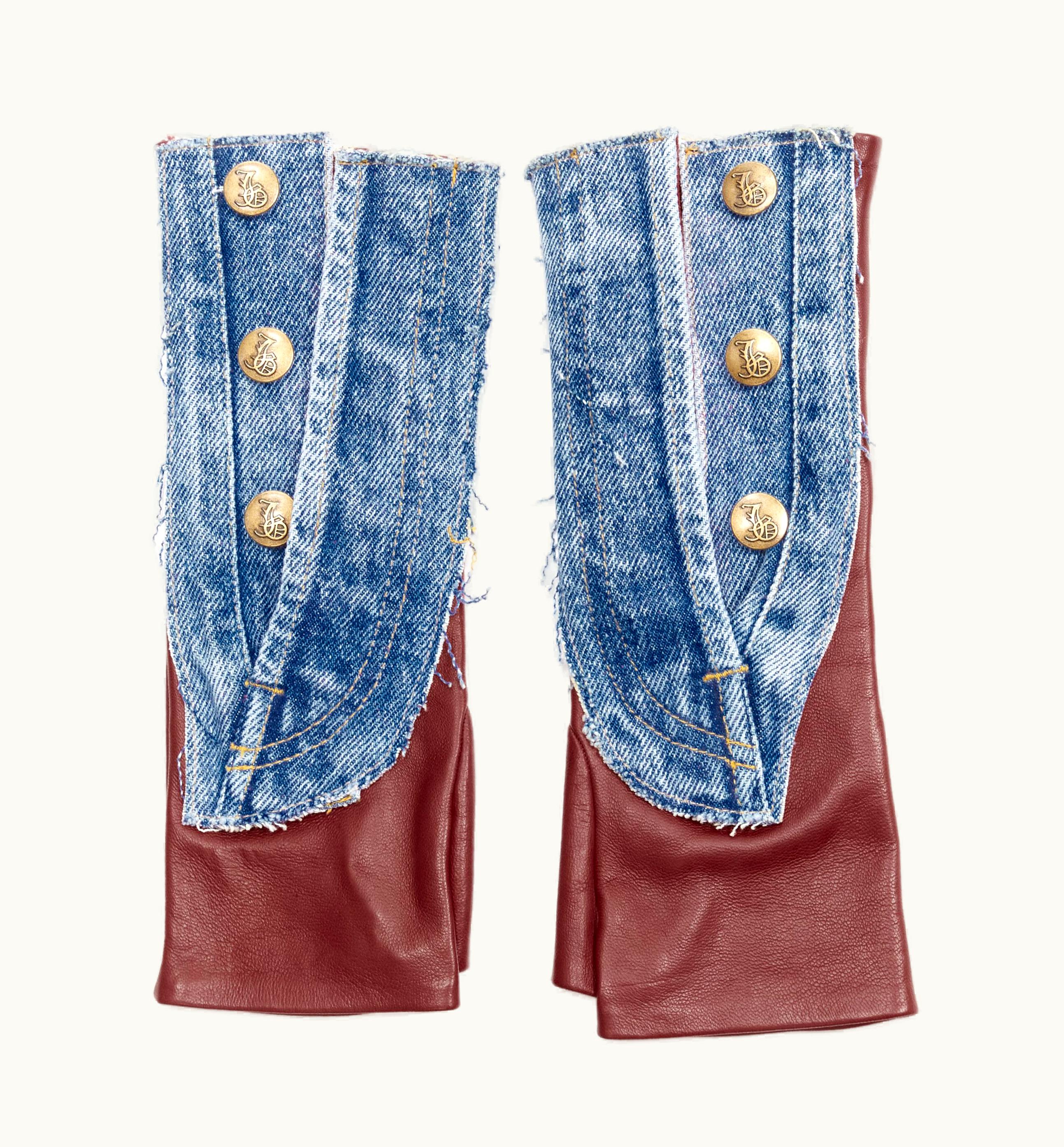 John Galliano John Galliano Vintage Red Calfskin Leather Denim Fingerless Floves