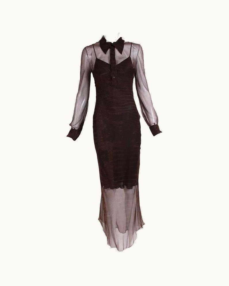 John Galliano John Galliano Brown Silk Chiffon Snake Print Transparent Dress