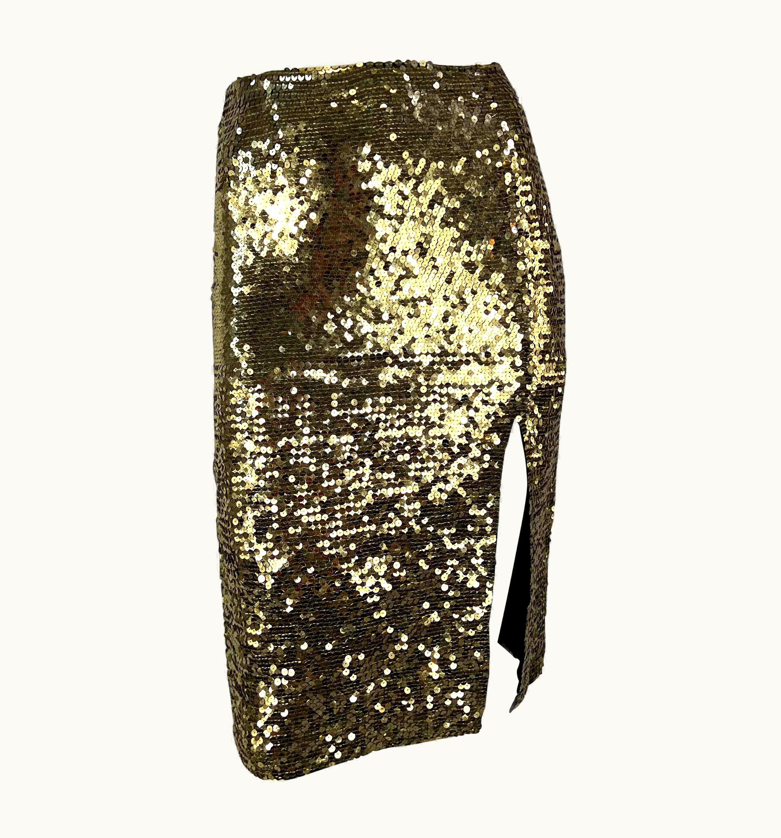 John Galliano 1990s John Galliano Gold Sequin Slit Bodycon Pencil Skirt