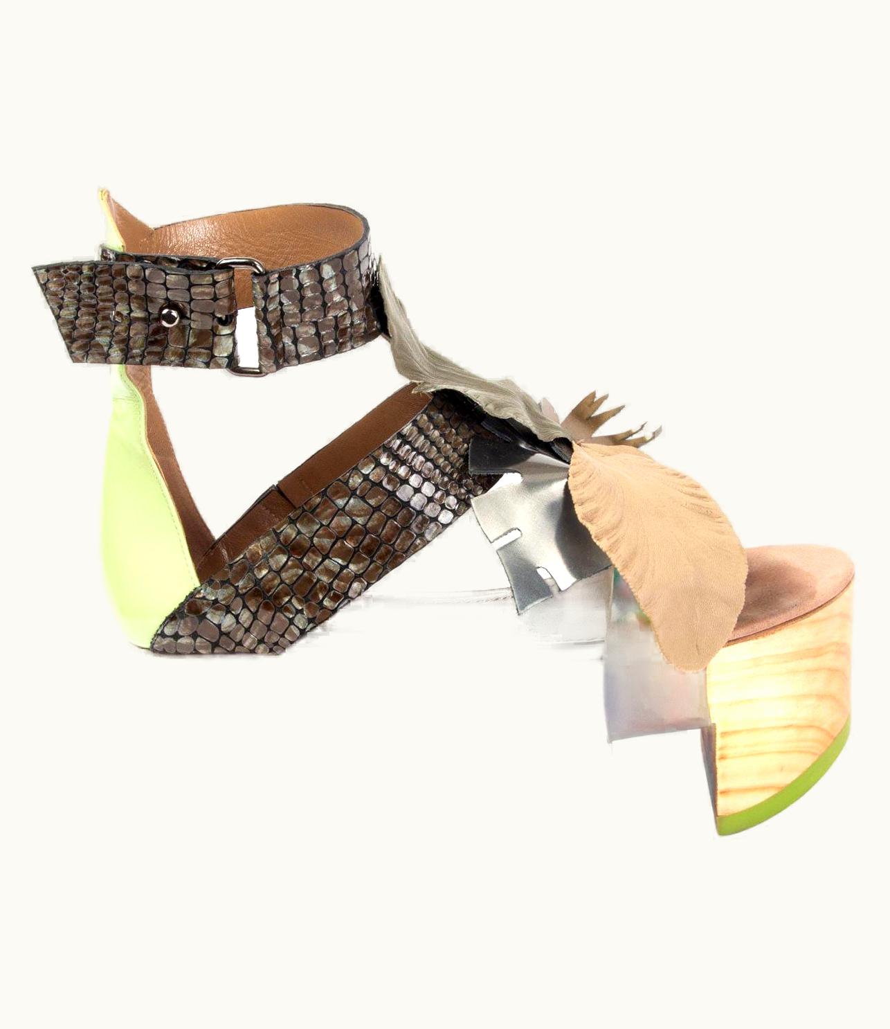 John Galliano John Galliano Brown Leather Leaf Wooden Platform Sandals Shoes