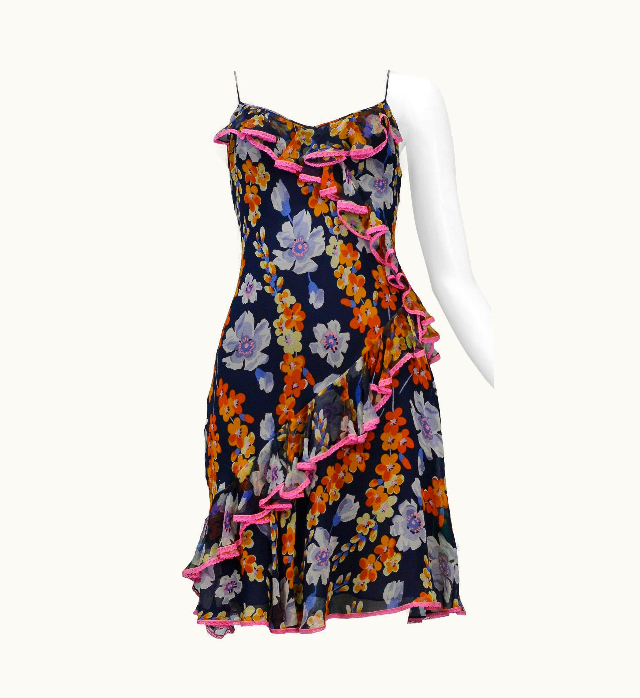 John Galliano John Galliano Navy Slip Dress With Floral Pattern & Pink Lace Trim