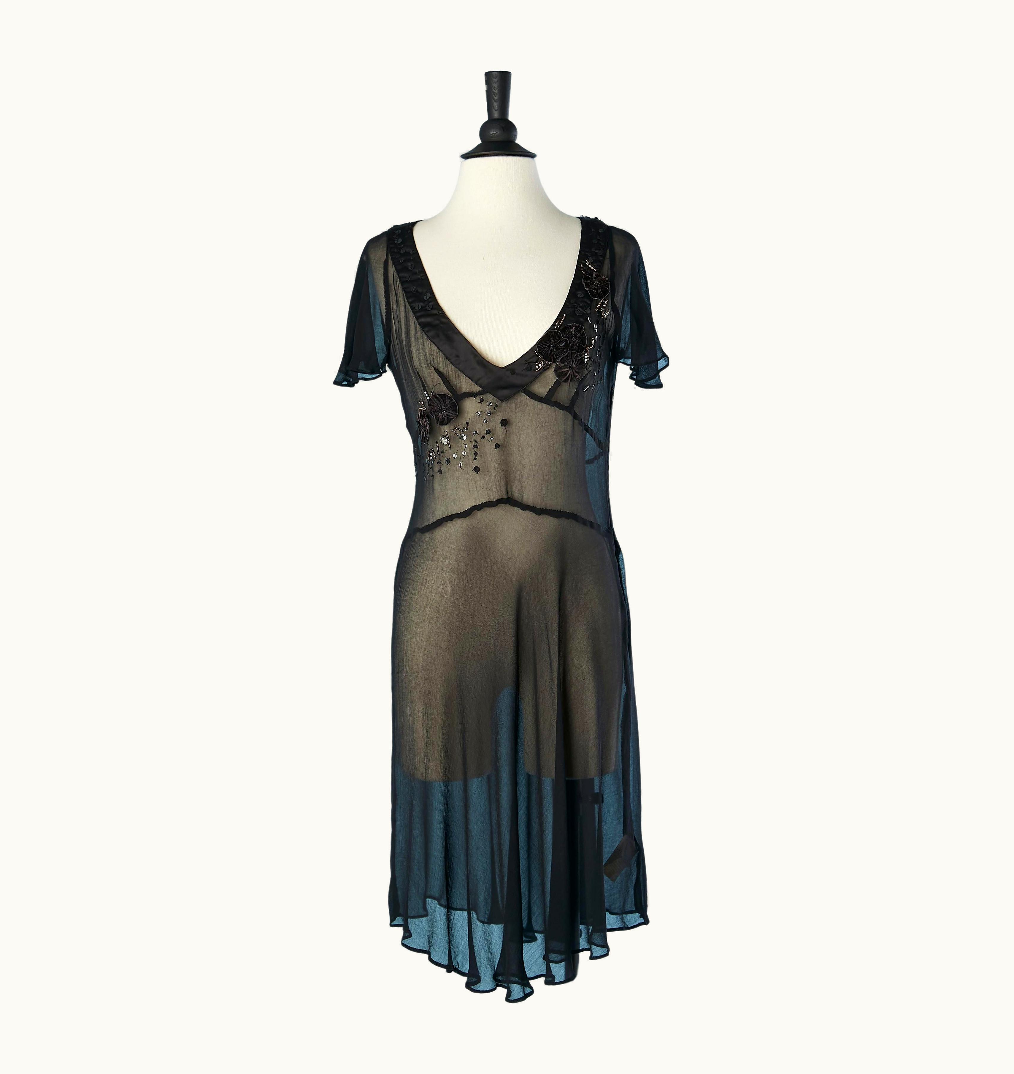 John Galliano Black See-through Silk Chiffon Dress With Embroideries John Galliano