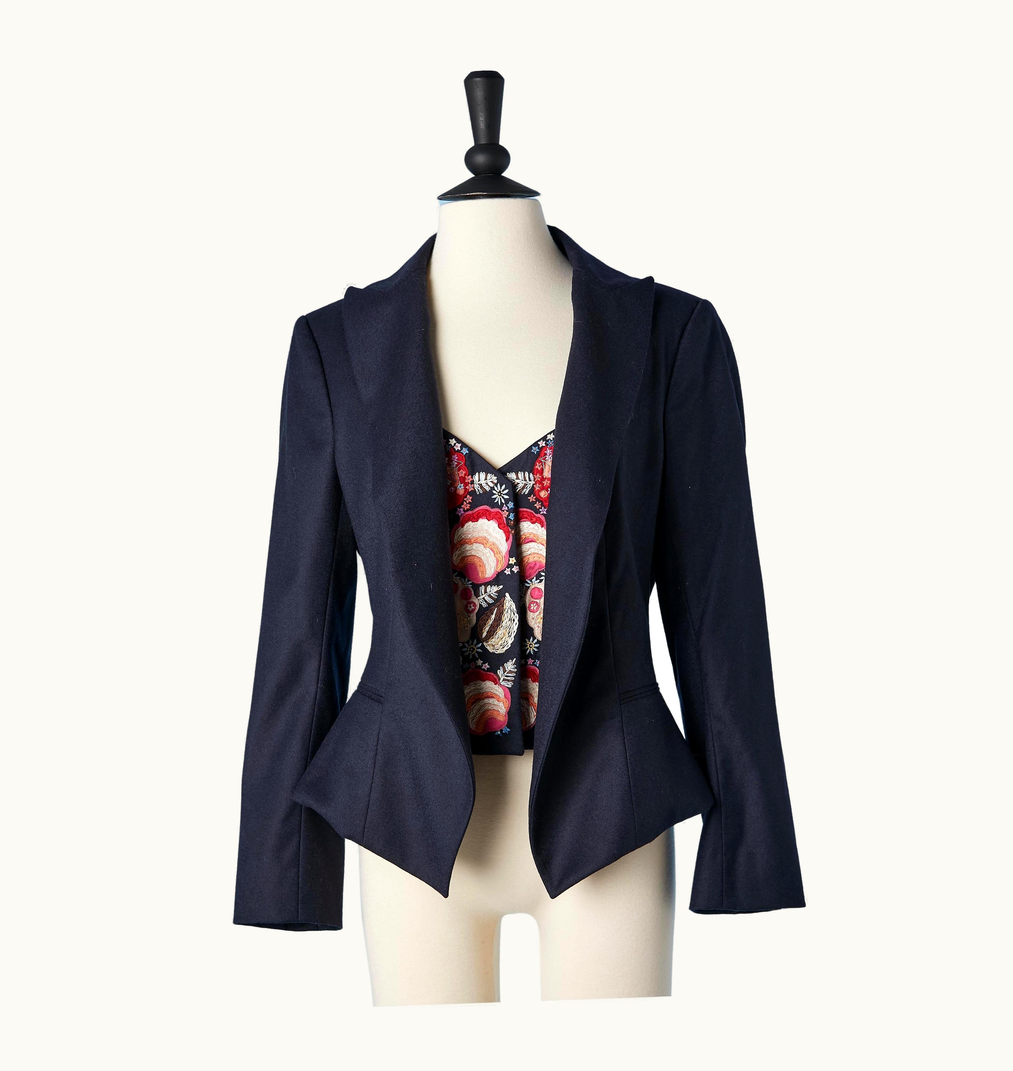 John Galliano Navy Blue Blazer With Silk Embroideries Vest Attached John Galliano