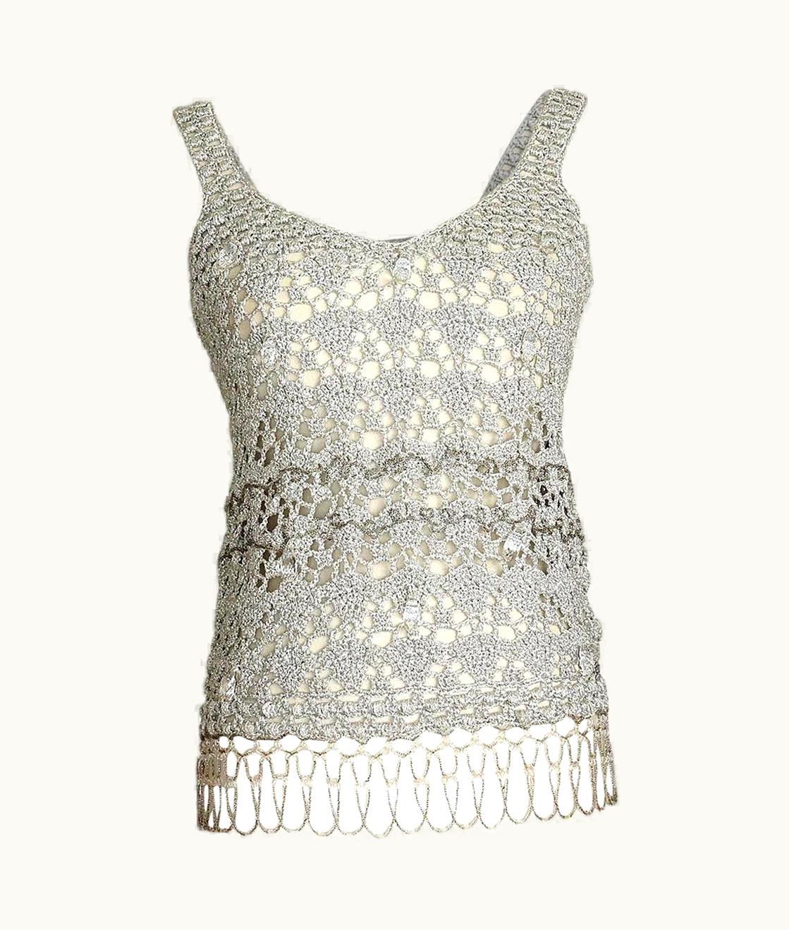 John Galliano John Galliano Top Silver Crochet Faceted Large Crystals Beading Detail