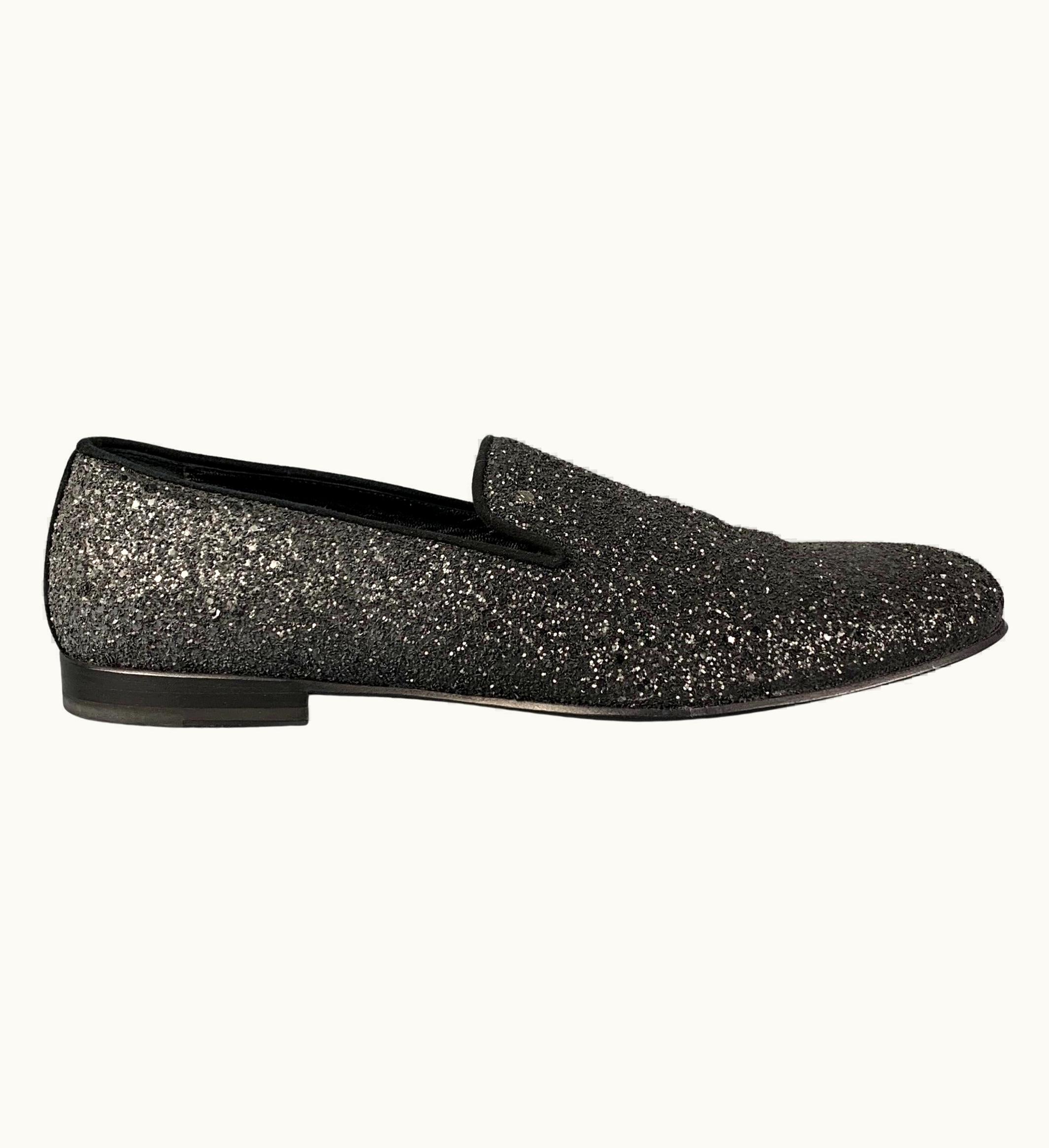 John Galliano John Galliano Size 13 Black Silver Glitter Suede Slip On Loafers