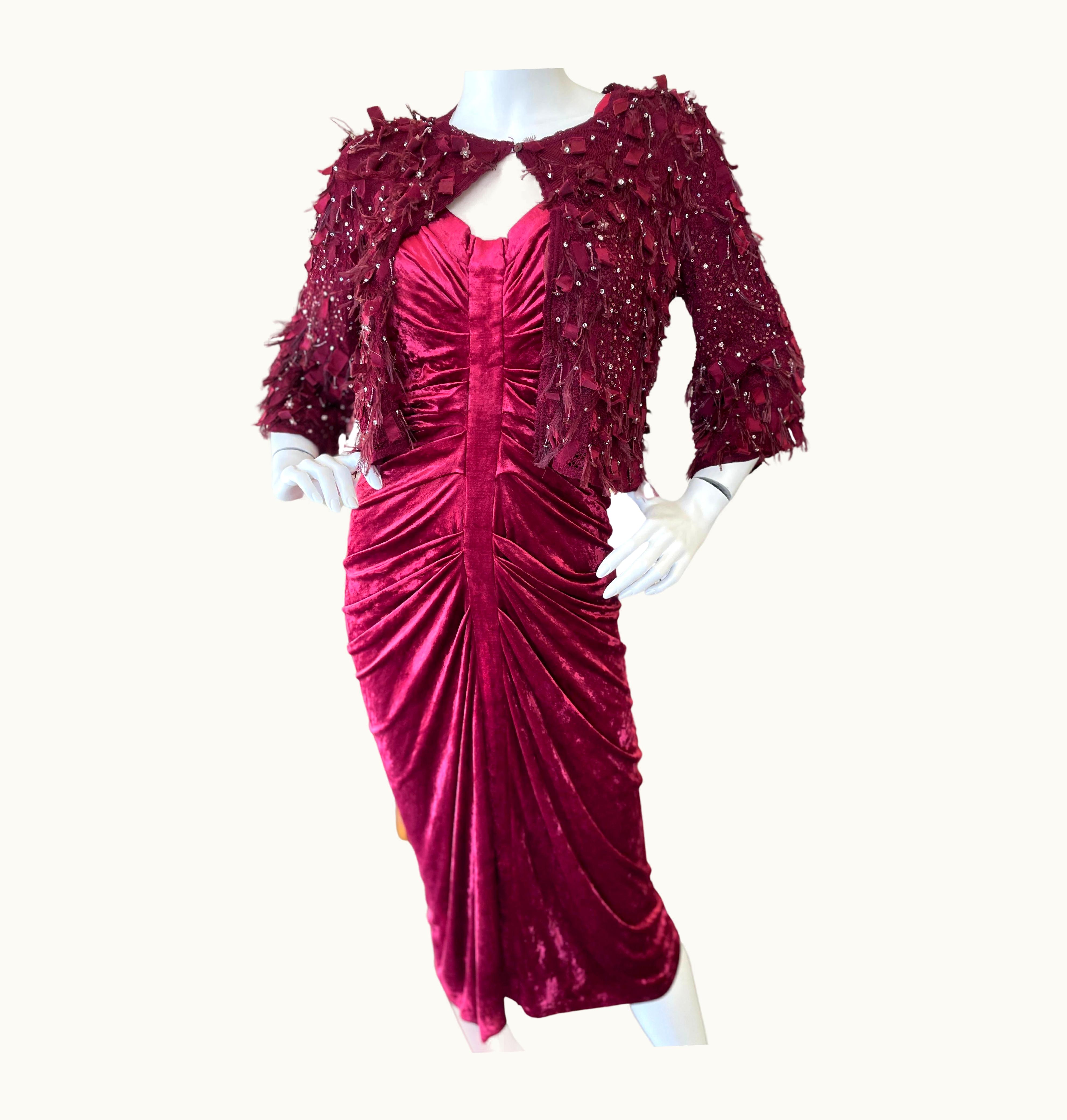 John Galliano John Galliano Vintage Red Velvet Ruched Cocktail Dress W Matching Feather Shrug