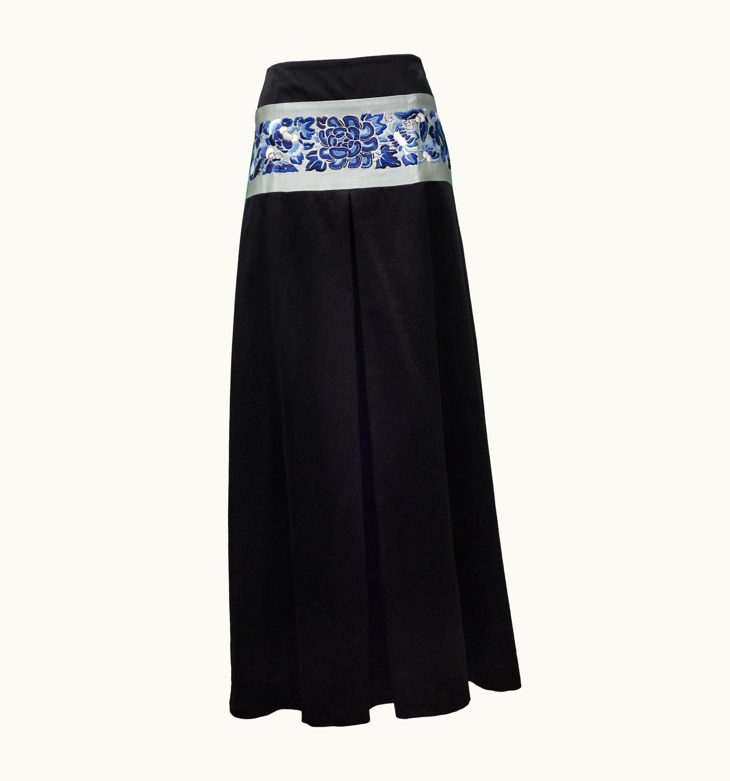 John Galliano John Galliano Black Satin Maxi Skirt With Blue Floral Asian Inspired Waistband