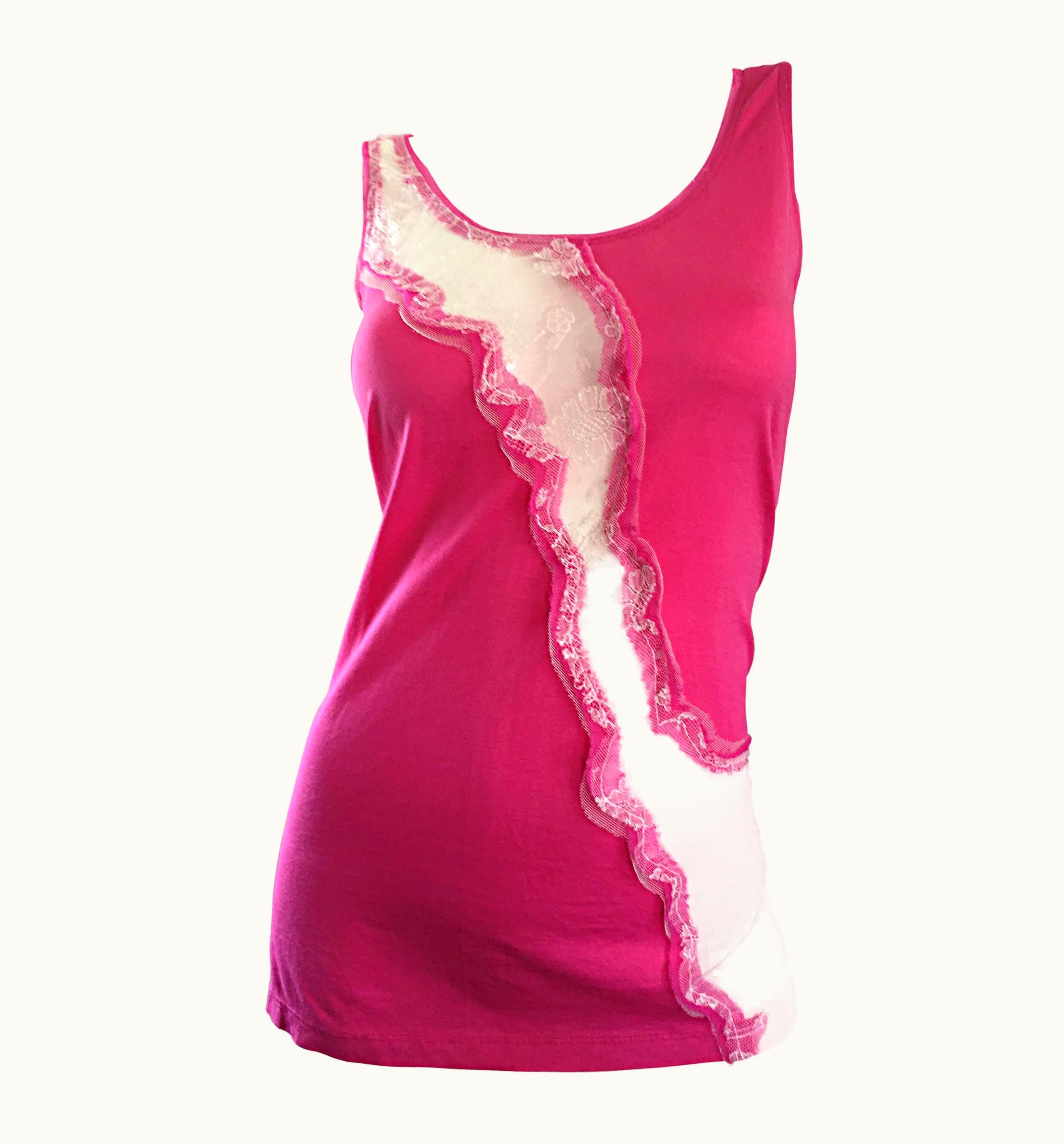 John Galliano John Galliano Hot Pink + White Sleeveless Cotton Blouse WS/S Lace Cut - Outs