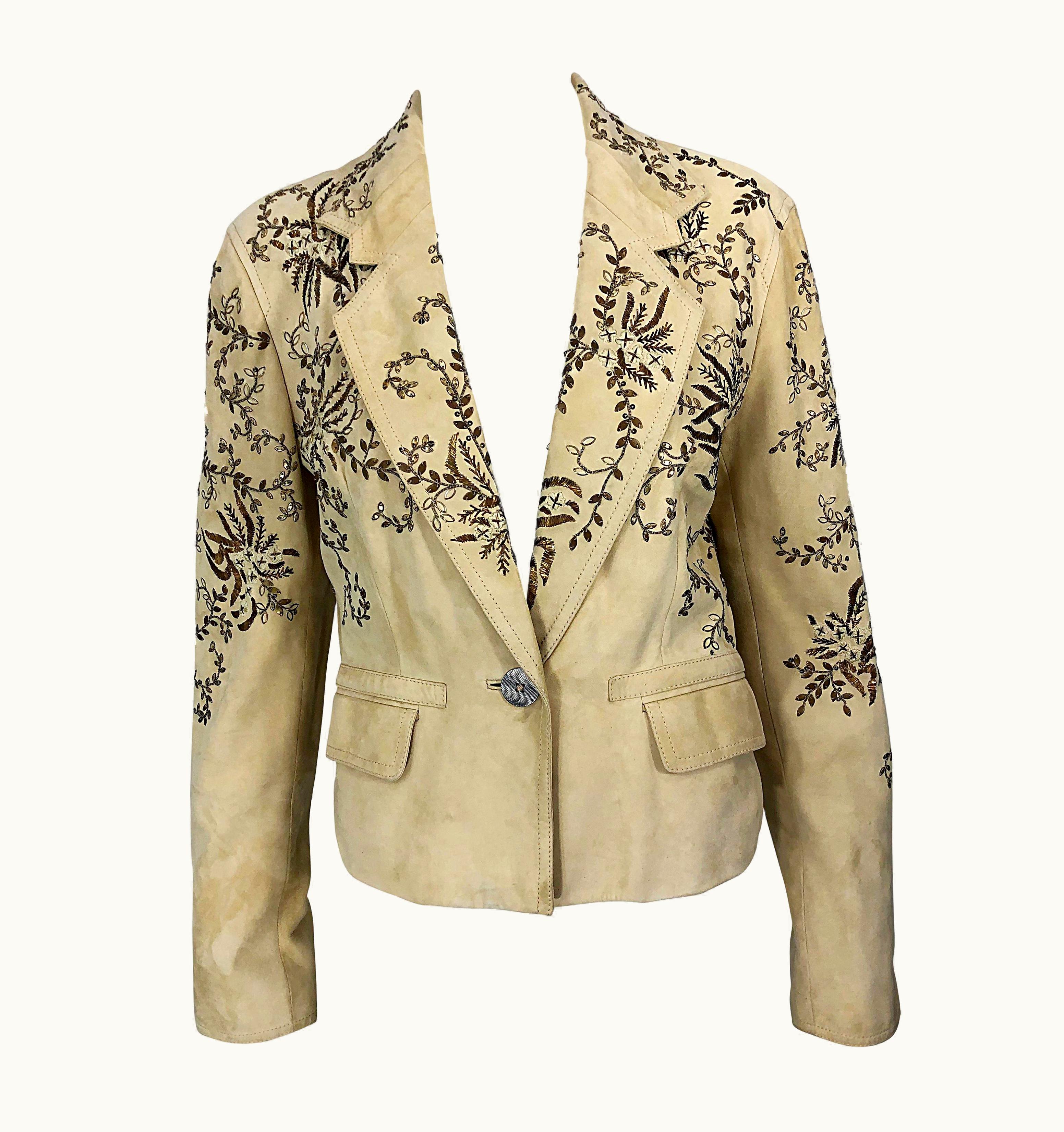 John Galliano John Galliano Suede 2000s Leather Beaded Khaki Cropped Blazer Jacket