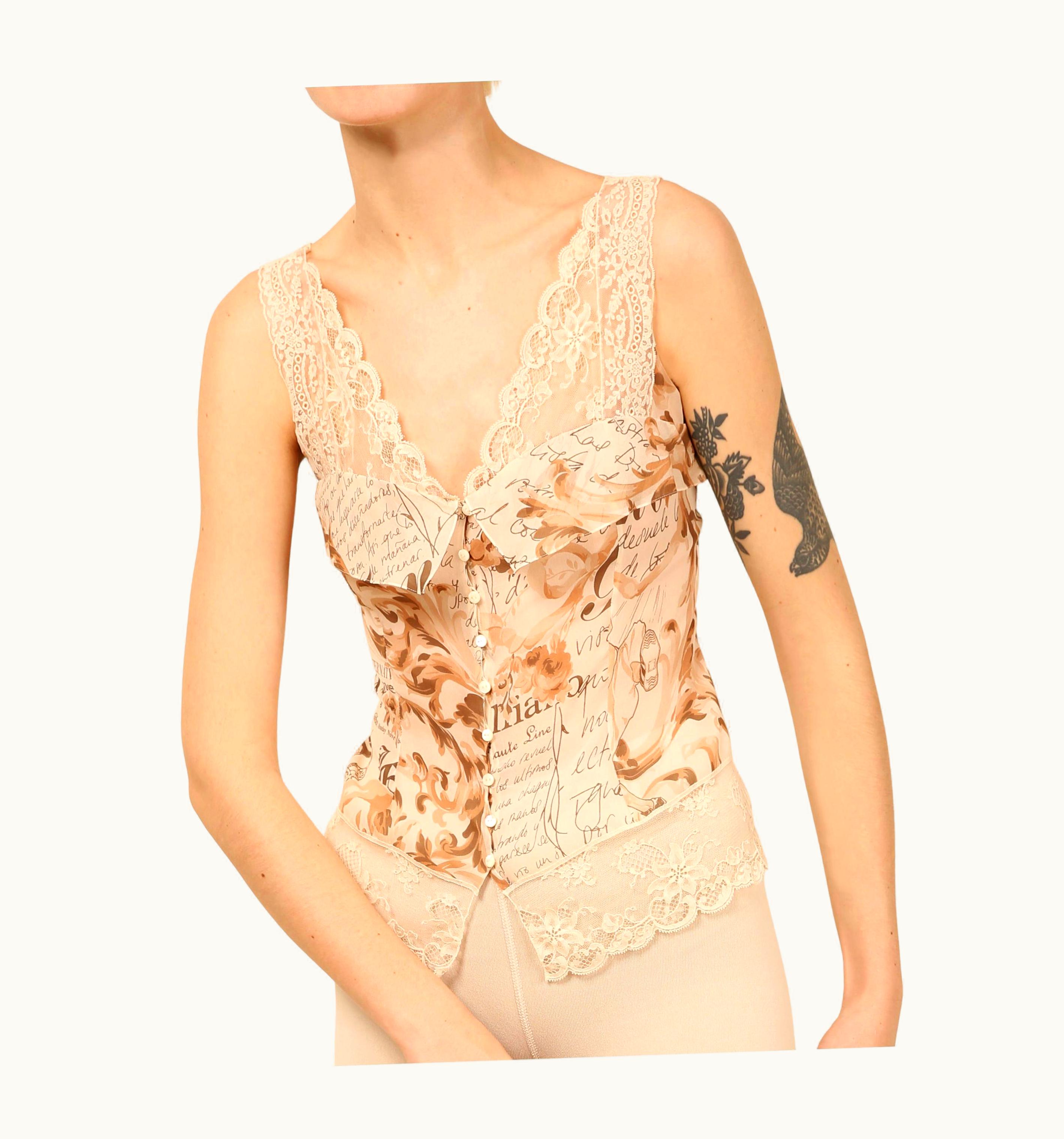 John Galliano John Galliano Silk Floral Print Lace Sheer Button Up Cream Beige Dress Top