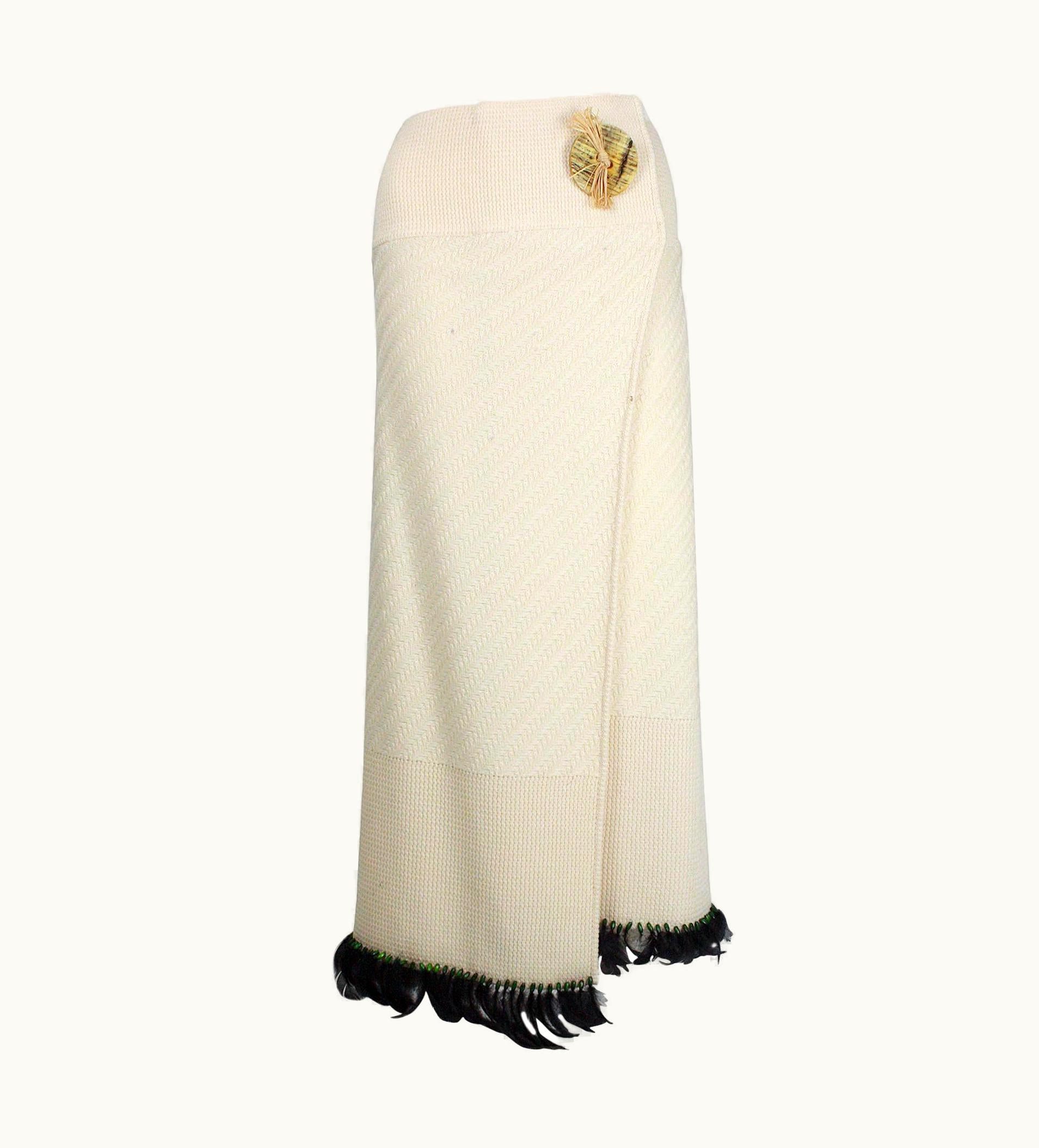 John Galliano 1990s John Galliano Cream Knit Wrap Skirt With Green Beads And Black Feathers