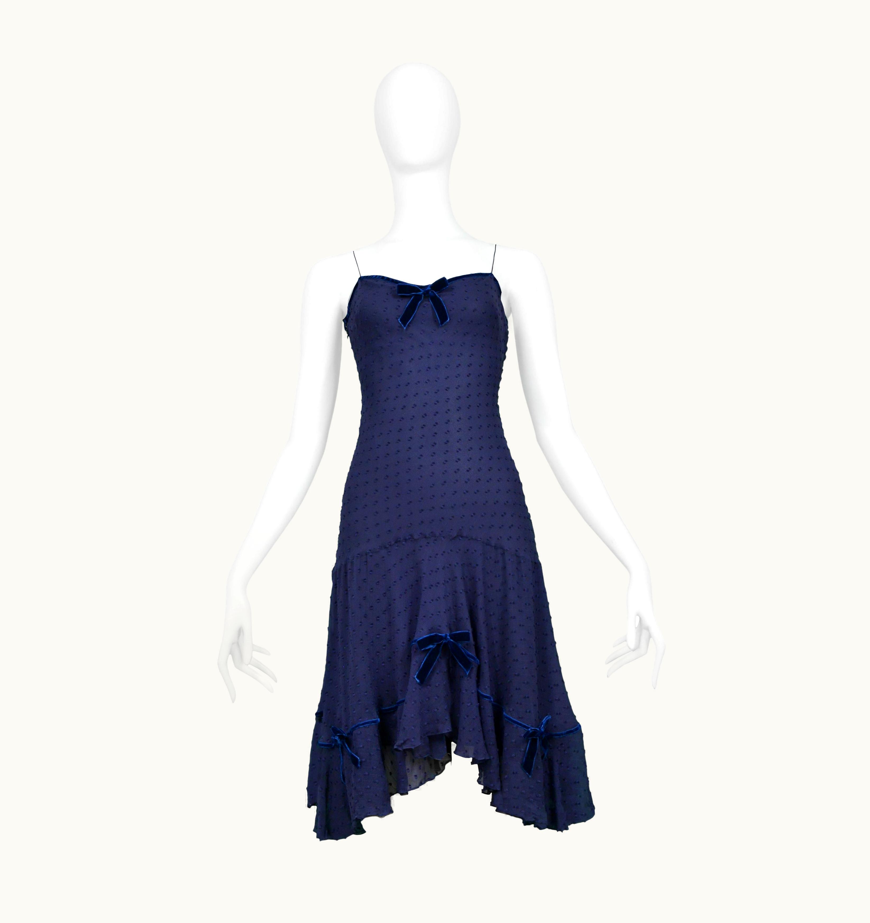 John Galliano John Galliano Navy Blue Swiss Dot Silk Slip Dress With Blue Velvet Bows