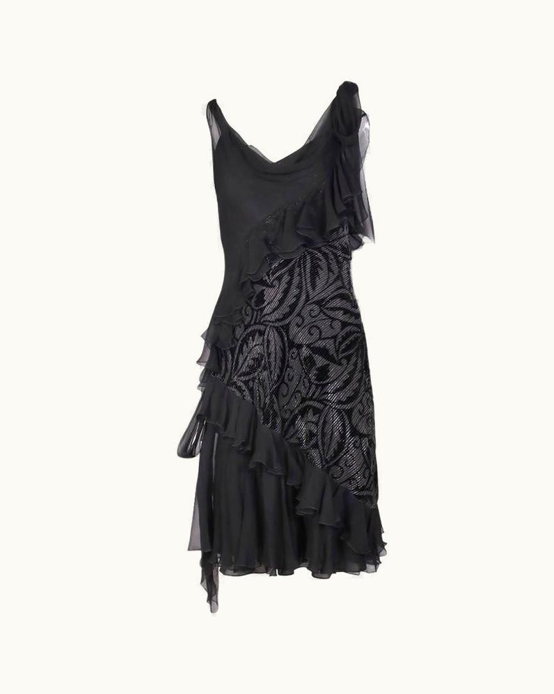 John Galliano Vintage John Galliano Black Bias Cut Cocktail Dress W/Ruffle Trim & Cut Velvet