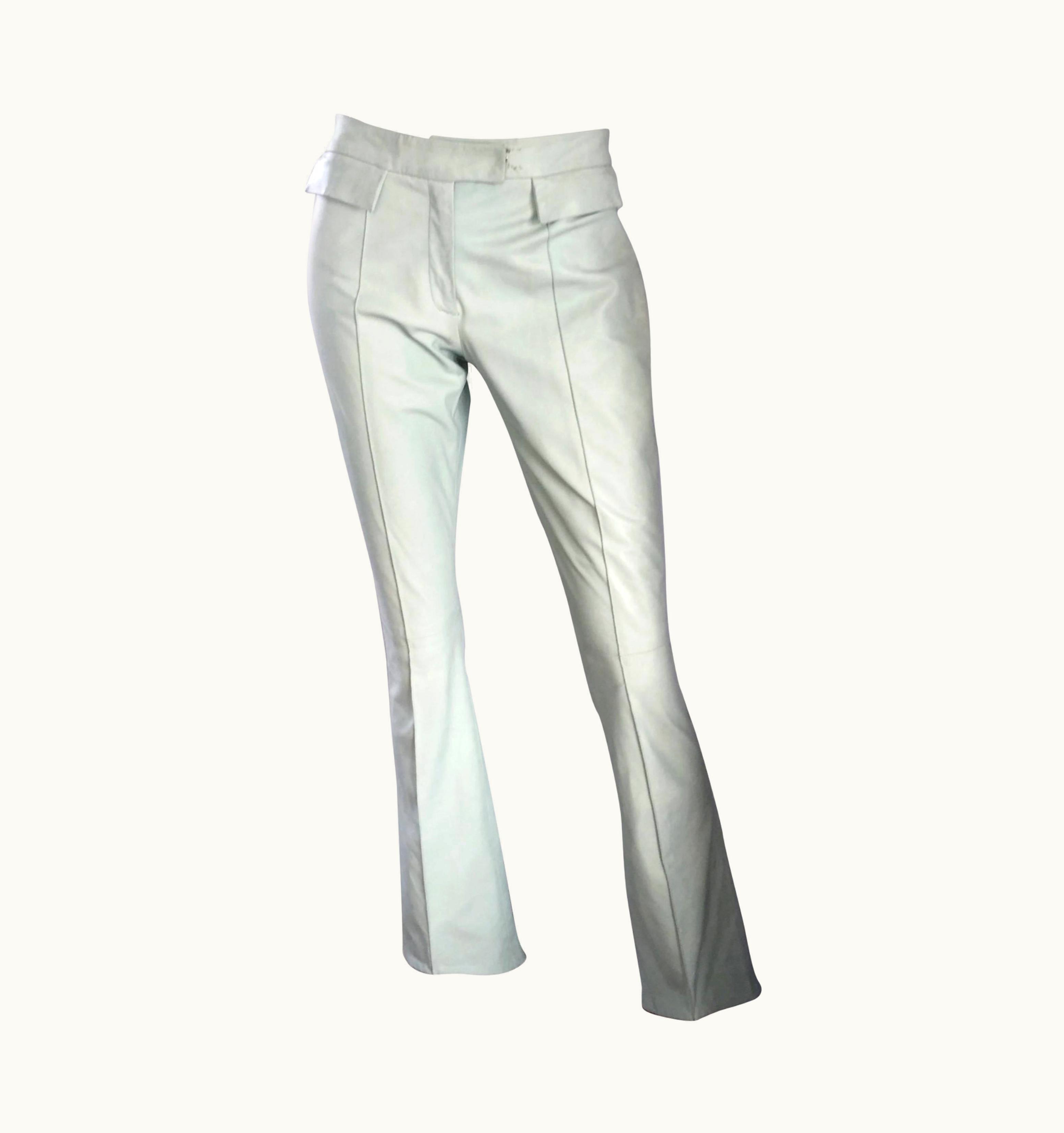 John Galliano Vintage 90s John Galliano Leather Flare Leg Pants 1990s Light Green Mint