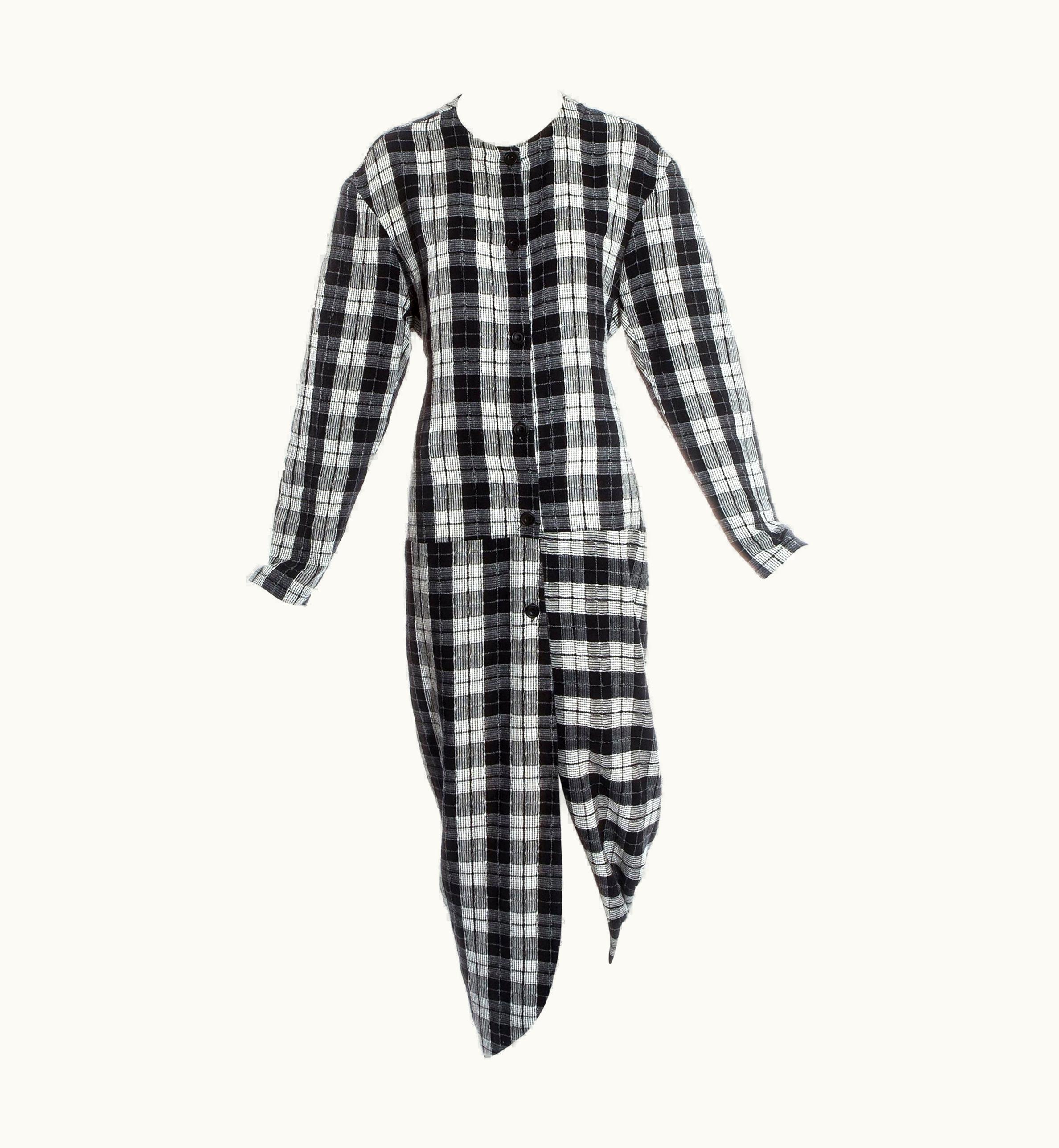 John Galliano John Galliano Black And White Plaid Cotton Draped Bustled Shirt Dress, AW 1987