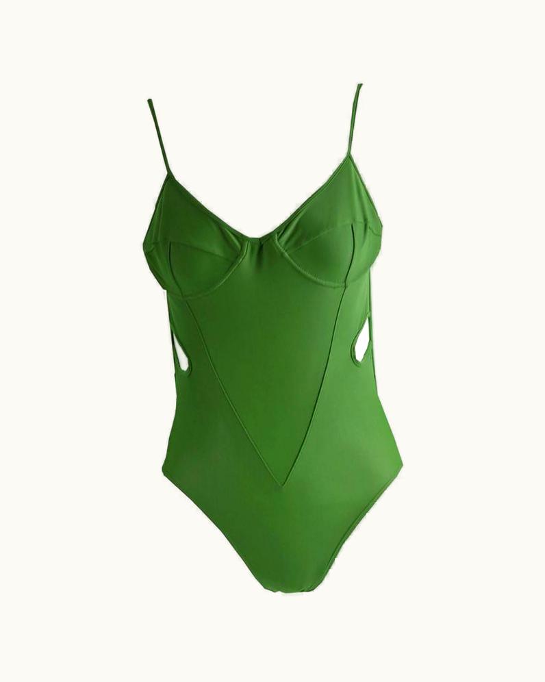 John Galliano Early John Galliano London Green Cut Out Swimsuit Made In Britain, 1980s