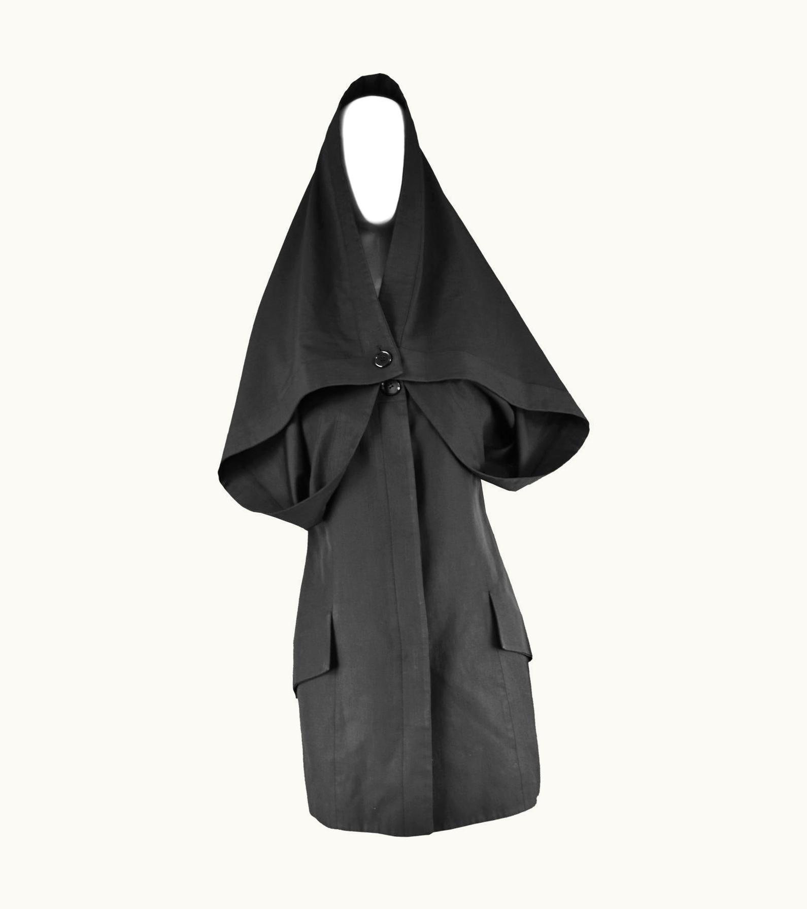 John Galliano Early John Galliano Black Avant Garde Cape Dress Made In Britain, 1980s