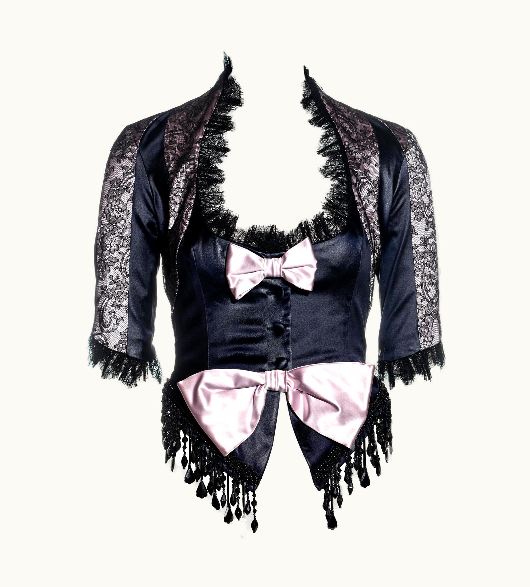 John Galliano John Galliano Black And Pink Satin And Lace Long-sleeve Corset, S/S 1994