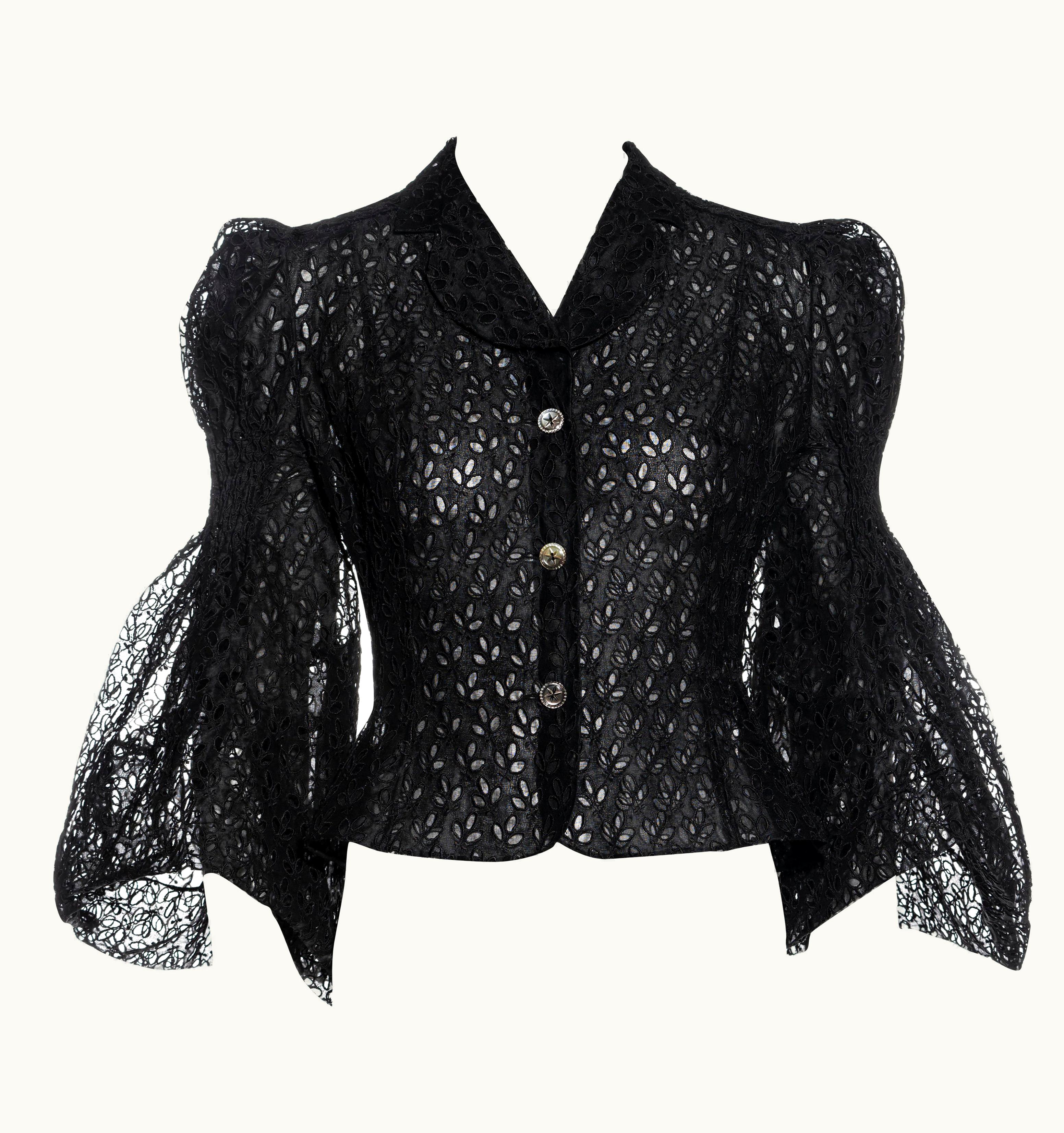 John Galliano John Galliano Black Cutwork Cotton Organza Blouse With Smocking, S/S 1996