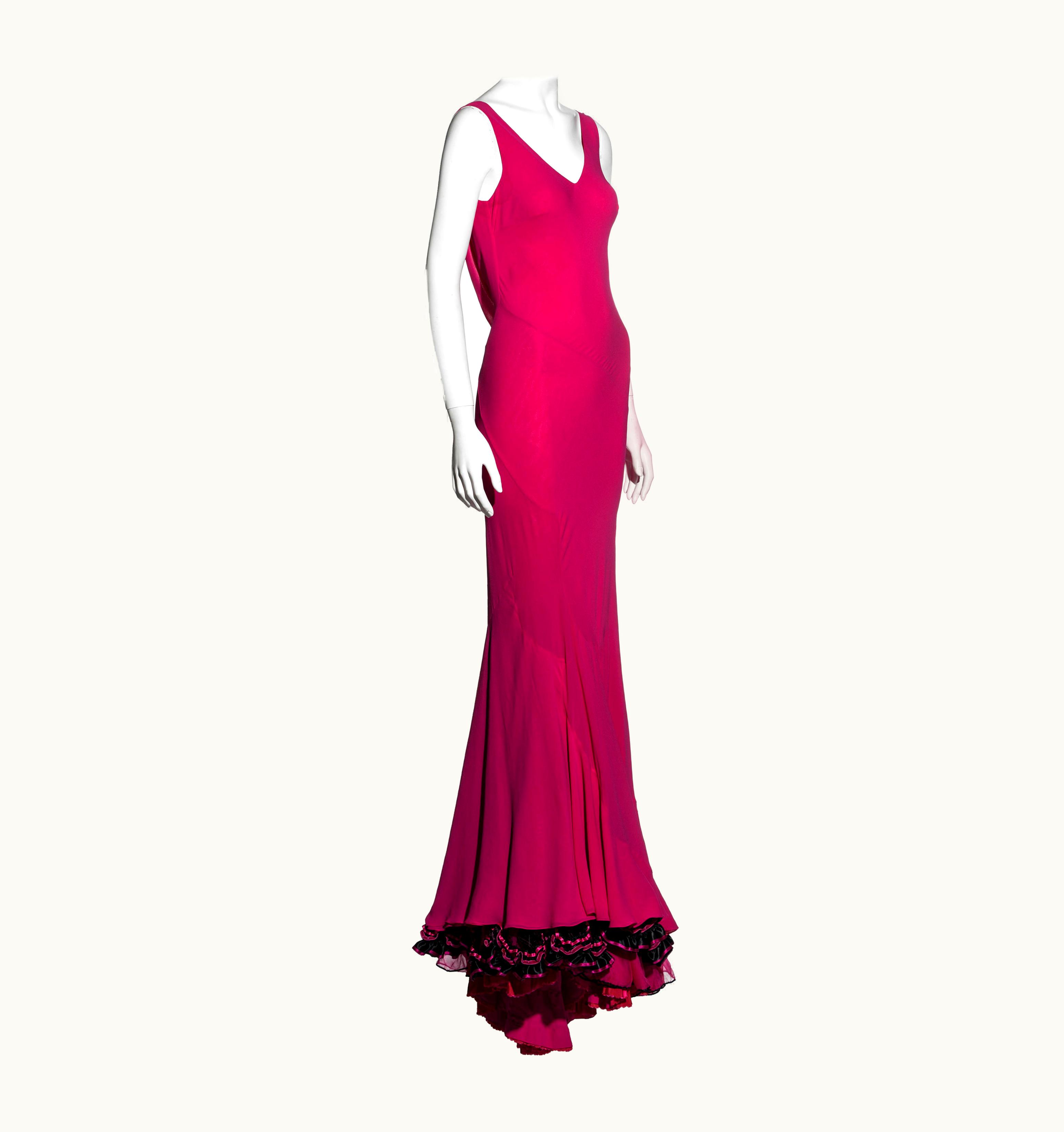 John Galliano John Galliano Fuchsia Pink Bias Cut Evening Dress With Flamenco Frills, AW 1995