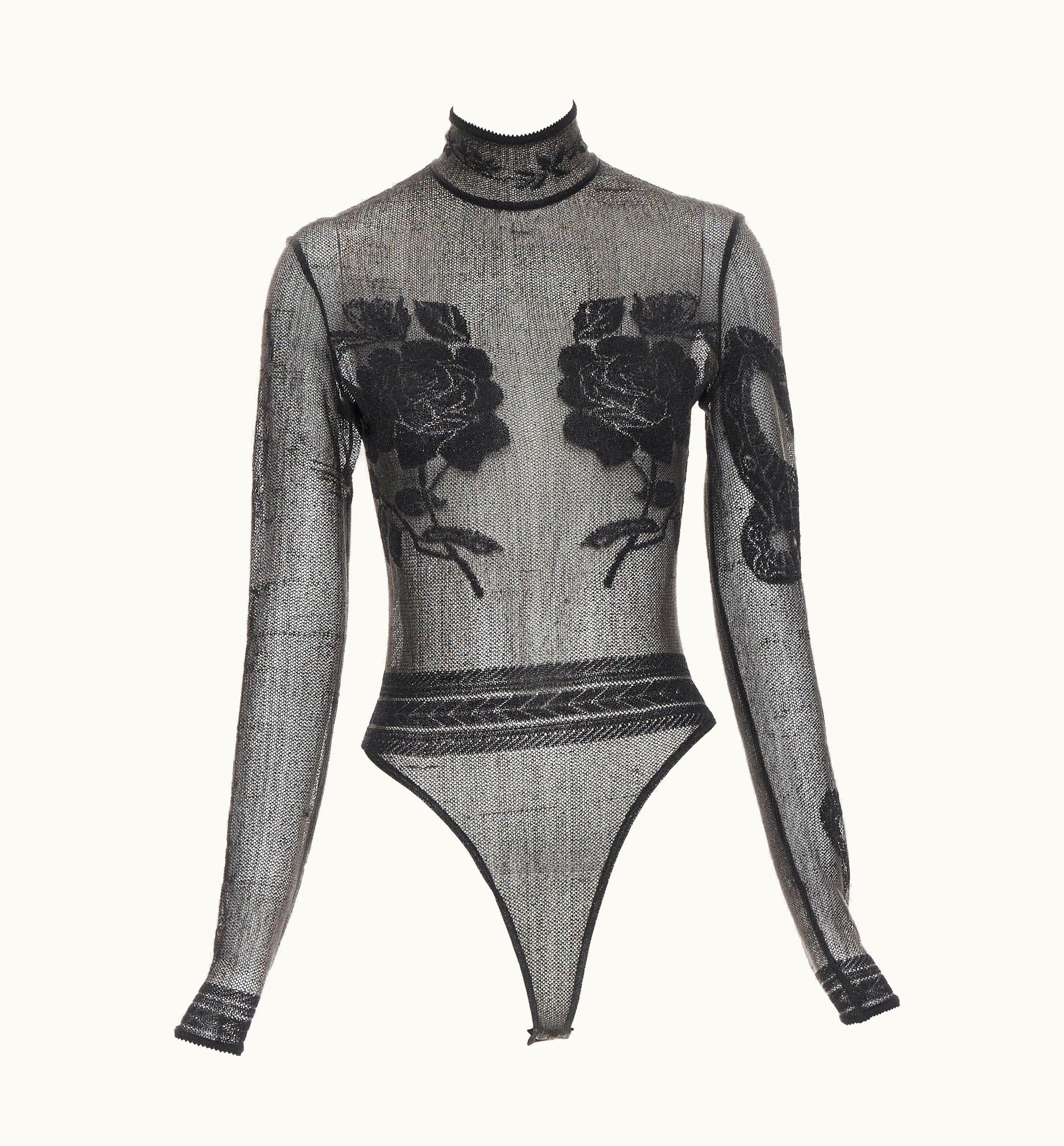 John Galliano Vintage John Galliano 1997 Runway Tattoo Intarsia Black Lurex Sheer Bodysuit