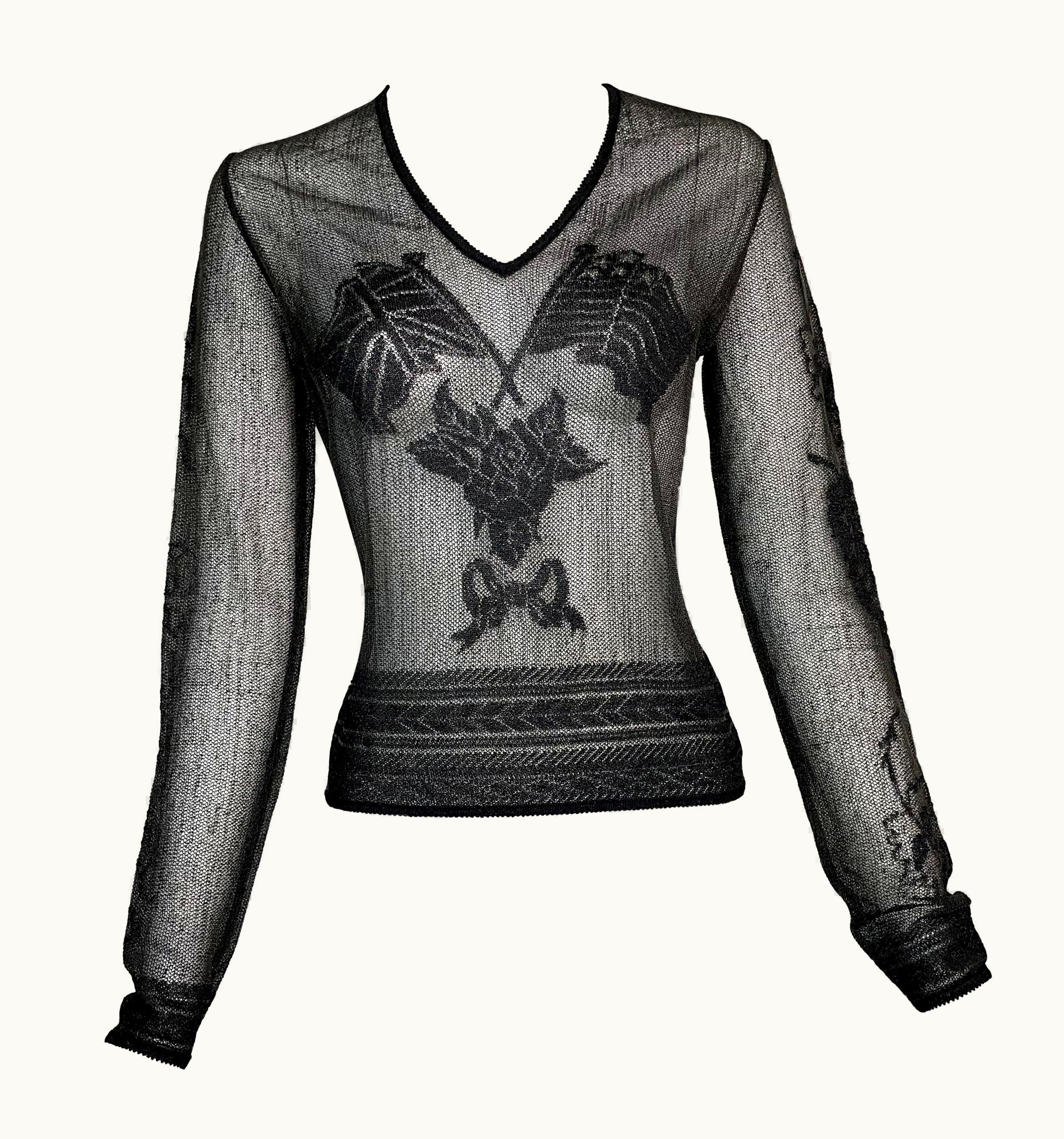 John Galliano AW 1997 John Galliano Runway Sheer Black Tattoo S/S Top