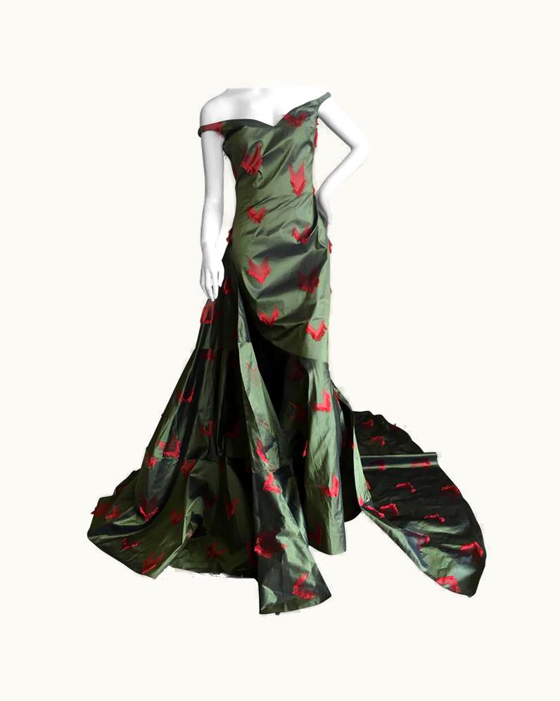 John Galliano John Galliano Iridescent Green Silk Evening Gown With Huge Train