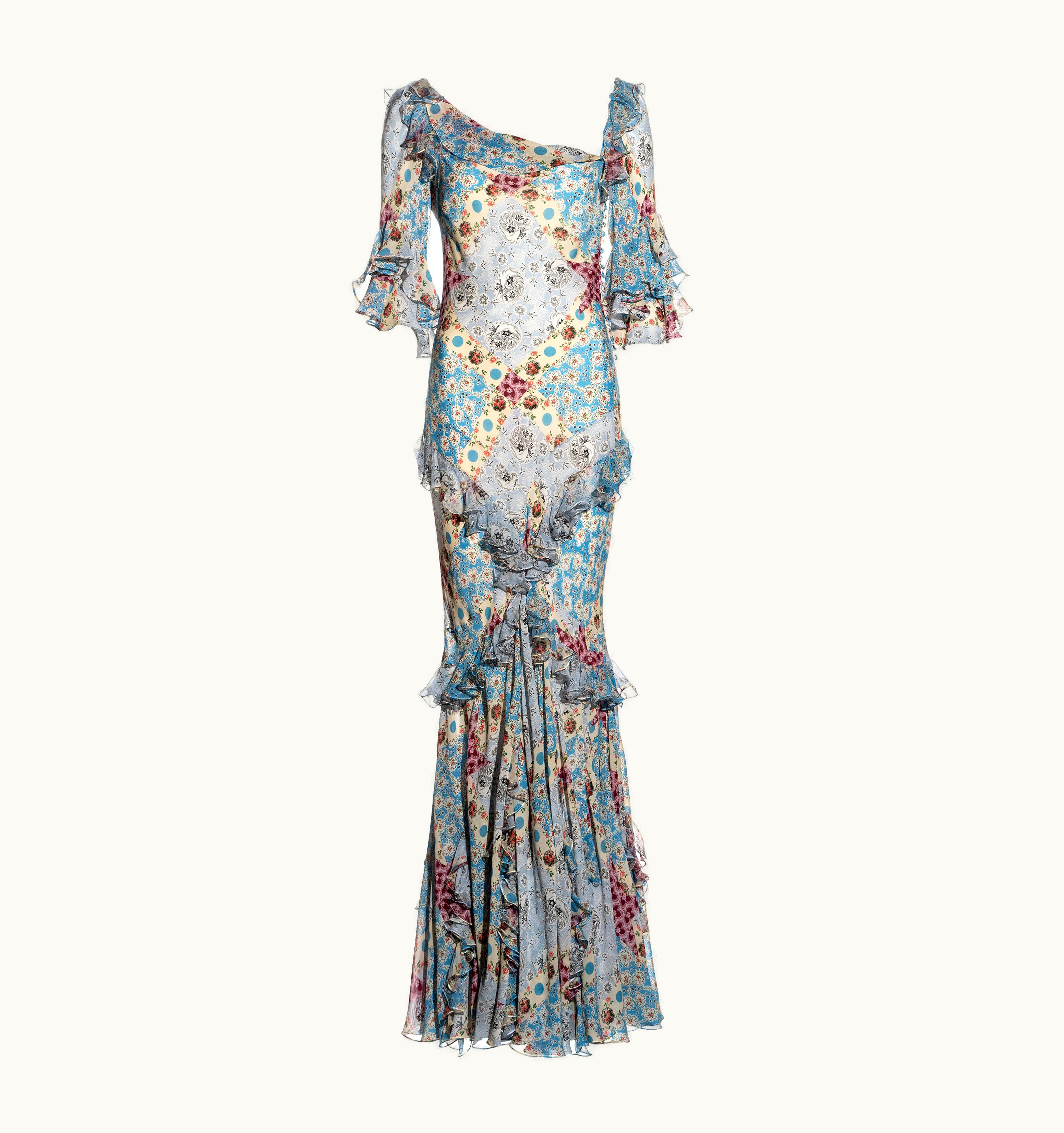 John Galliano John Galliano Floral Printed Silk Chiffon Bias Cut Evening Dress, AW 2002