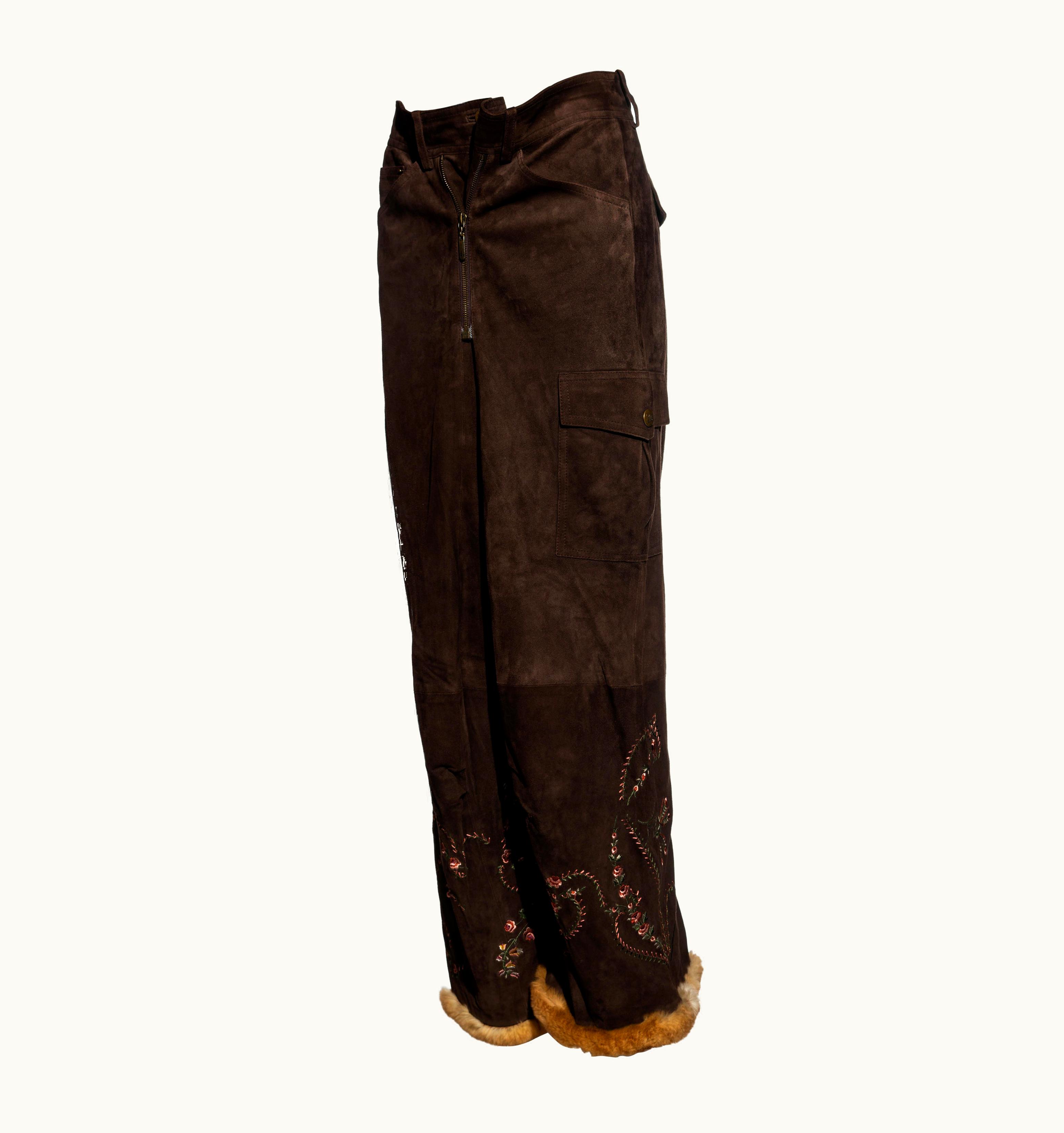 John Galliano John Galliano Brown Embroidered Suede Cargo Pants With Fur Trim, AW 2003
