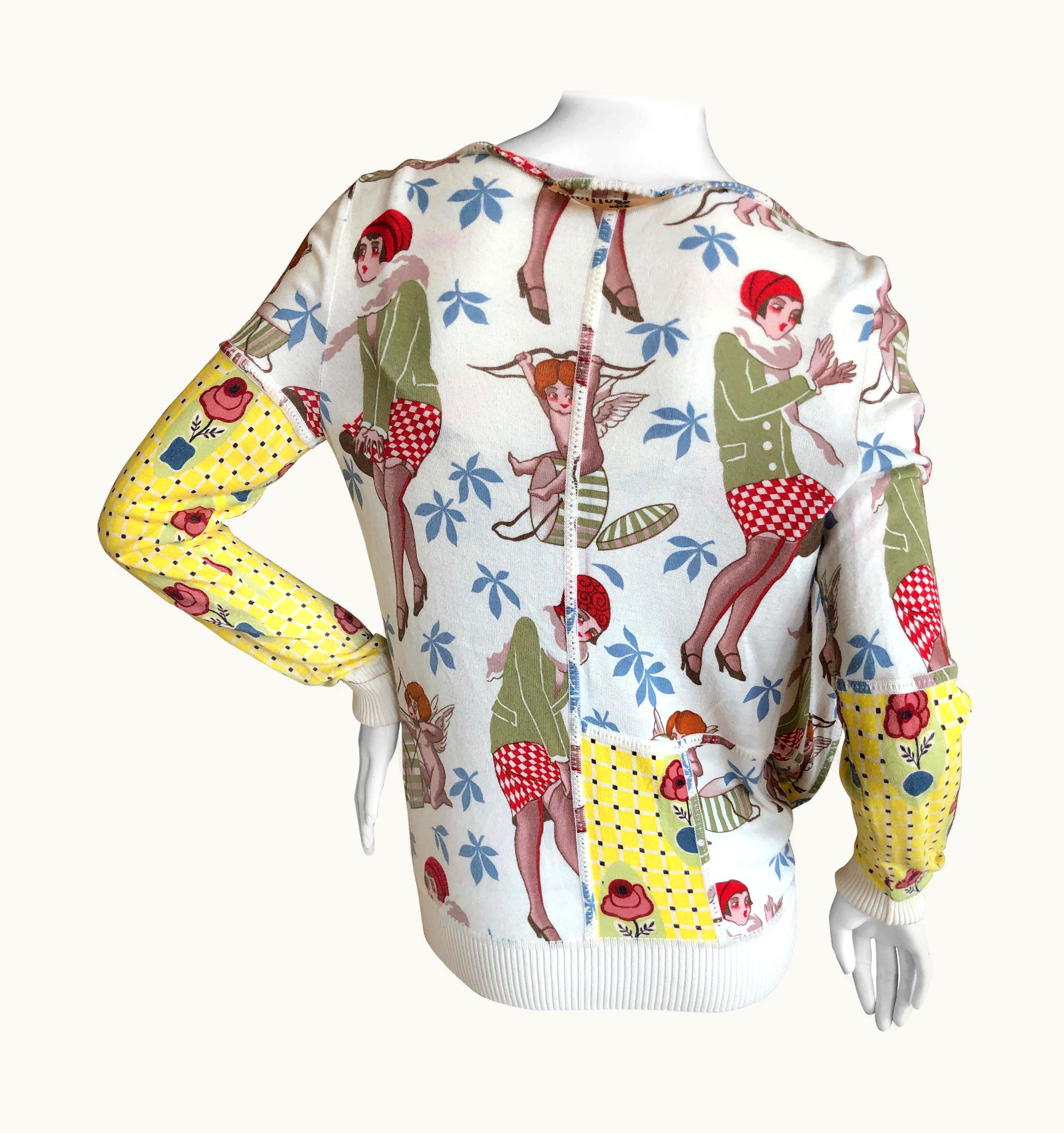 John Galliano 2004 Yellow Silk Flower Pot Pattern Knit Cardigan Sweater