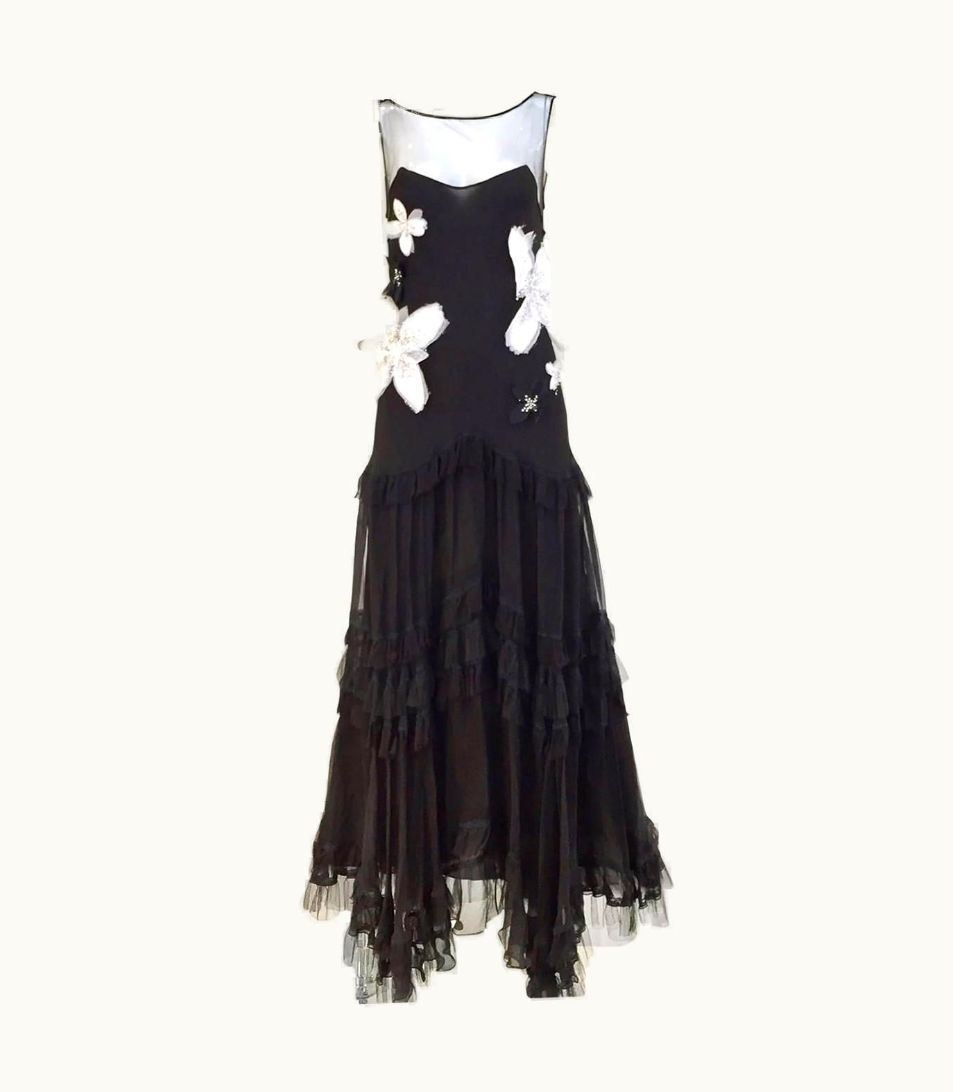John Galliano Black Silk Gown With White Flower