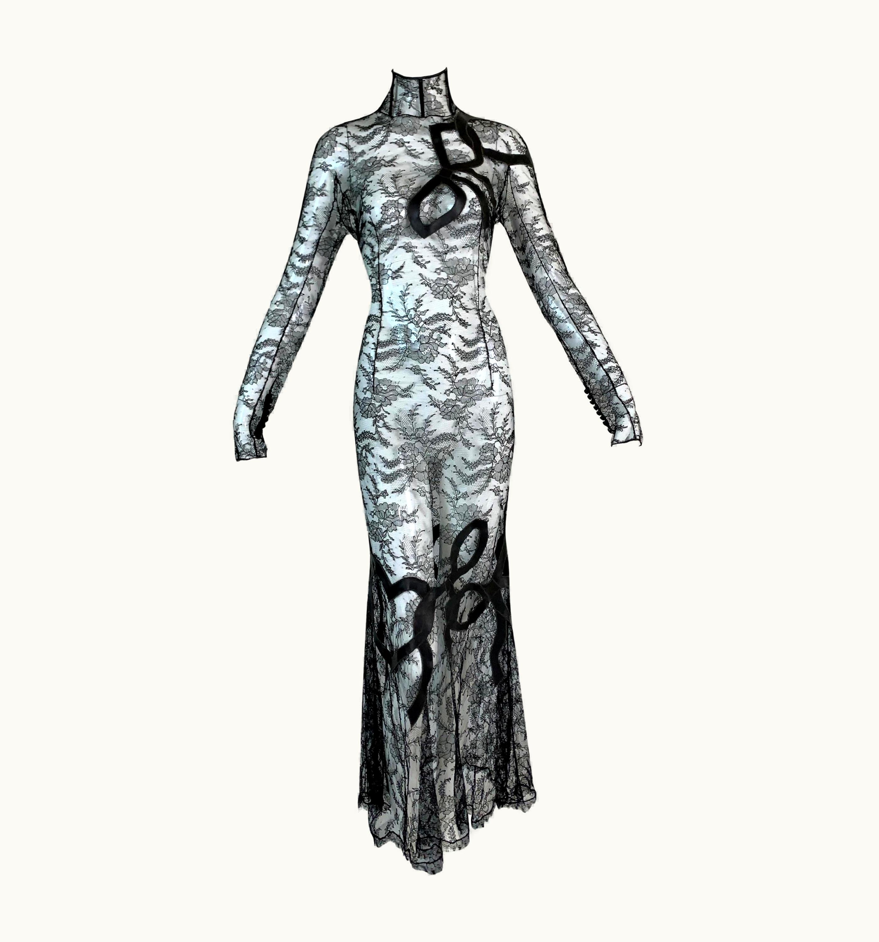 AW 2001 John Galliano Sheer Black Lace Brown Silk Ribbon Details Gown Dress