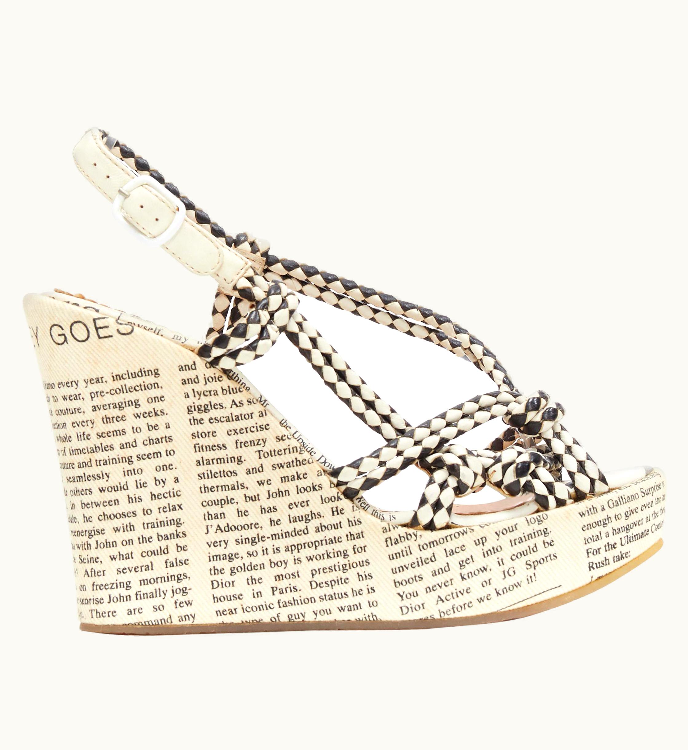 Vintage John Galliano Iconic Newspaper Print Braided Strappy Wedge Platform