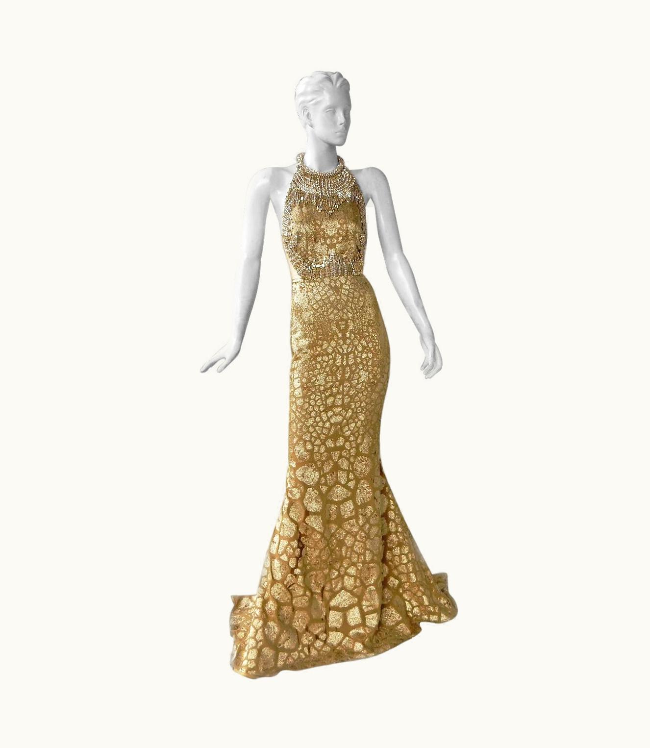 Alexander McQueen Shimmering Alexander McQueen Gold Jeweled Evening Dress Gown