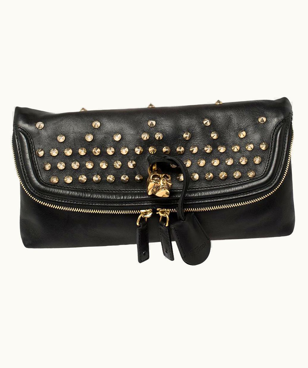 Alexander McQueen Alexander McQueen Black Leather Studded Skull Foldover Clutch