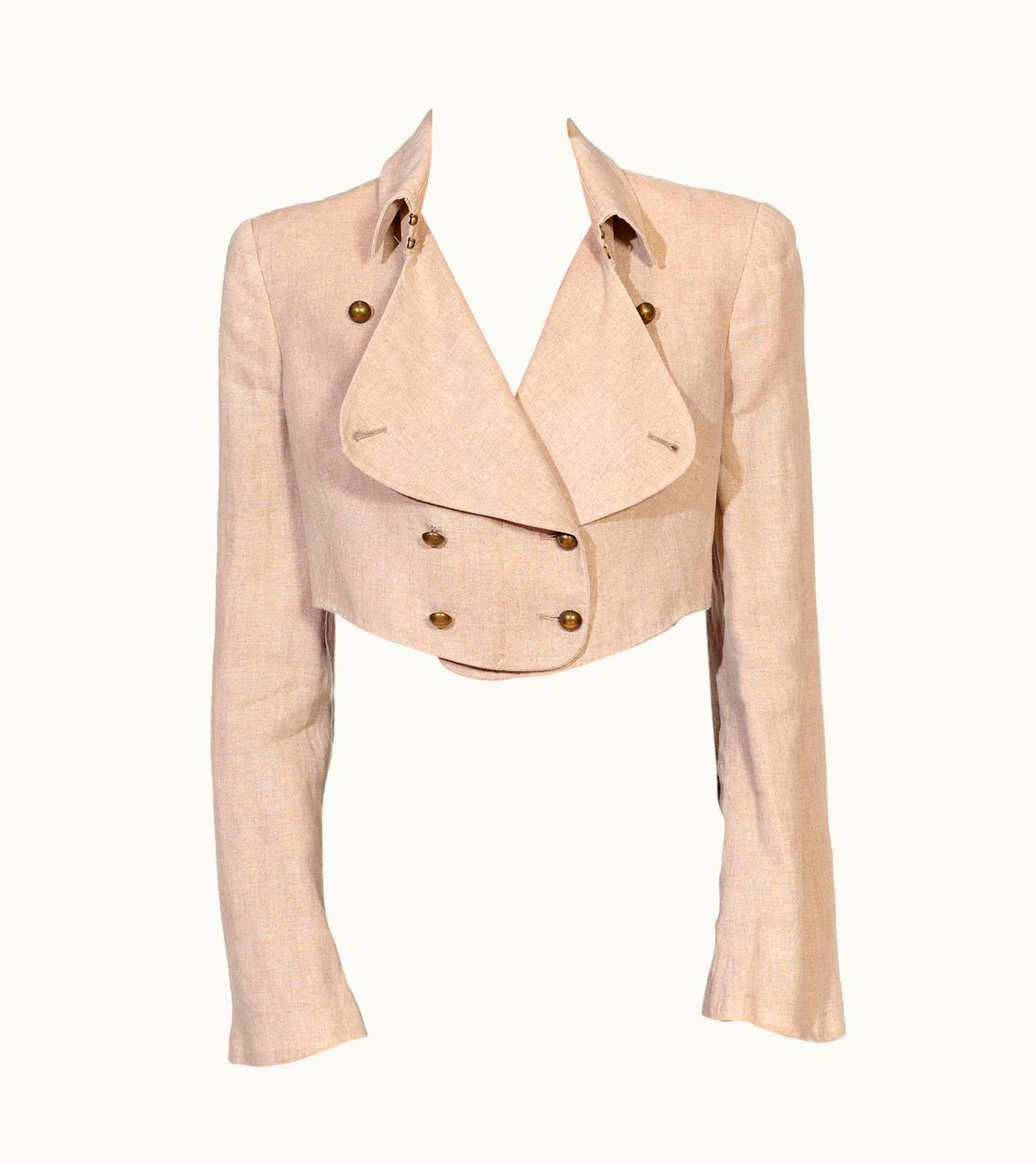 Alexander McQueen 2000s Alexander Mcqueen Beige Linen Cropped Military Style Jacket
