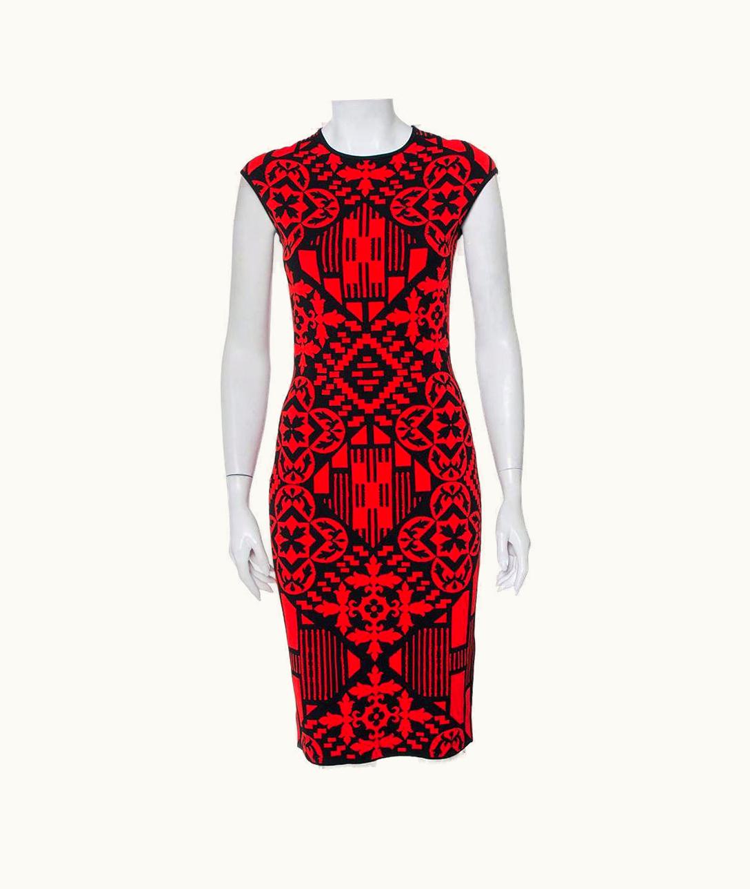 Alexander McQueen Alexander McQueen Red & Black Jacquard Knit Sheath Dress