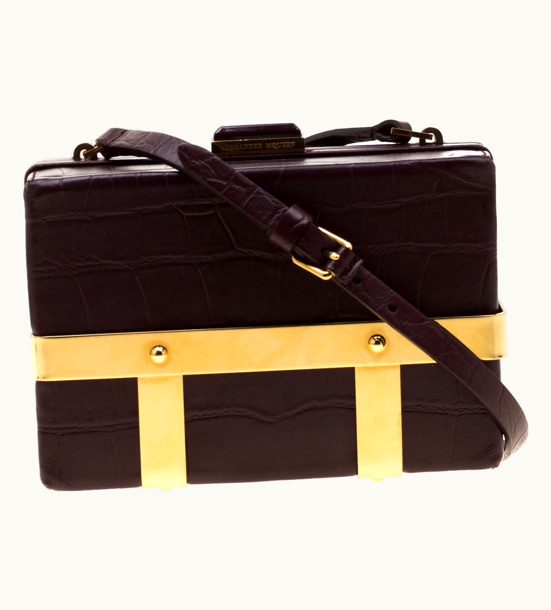 Alexander McQueen Alexander McQueen Burgundy Croc Embossed Leather Cage Box Bag