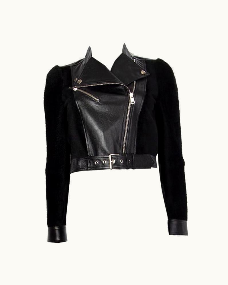 Alexander McQueen Alexander McQueen Black Shearlig & Leather Cropped Biker Jacket