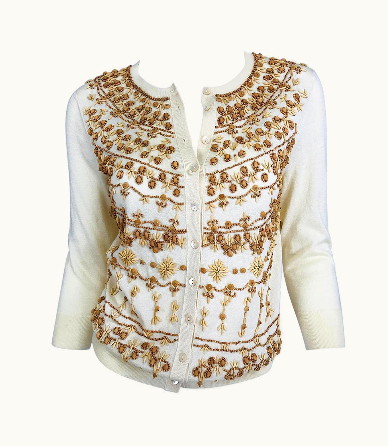 Alexander McQueen Alexander McQueen Wooden Beaded Cream Cotton/Silk Cardigan Sweater